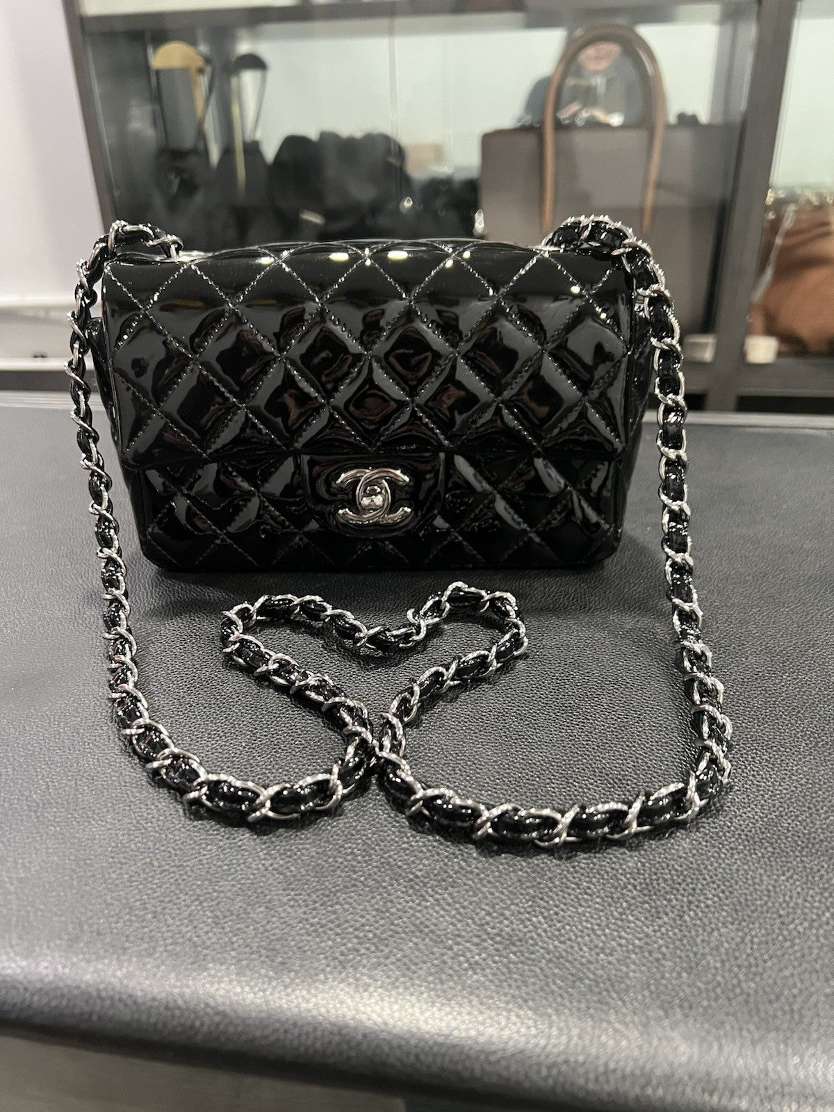 Chanel Patent Mini Rectangular Classic Single Flap Black SHW