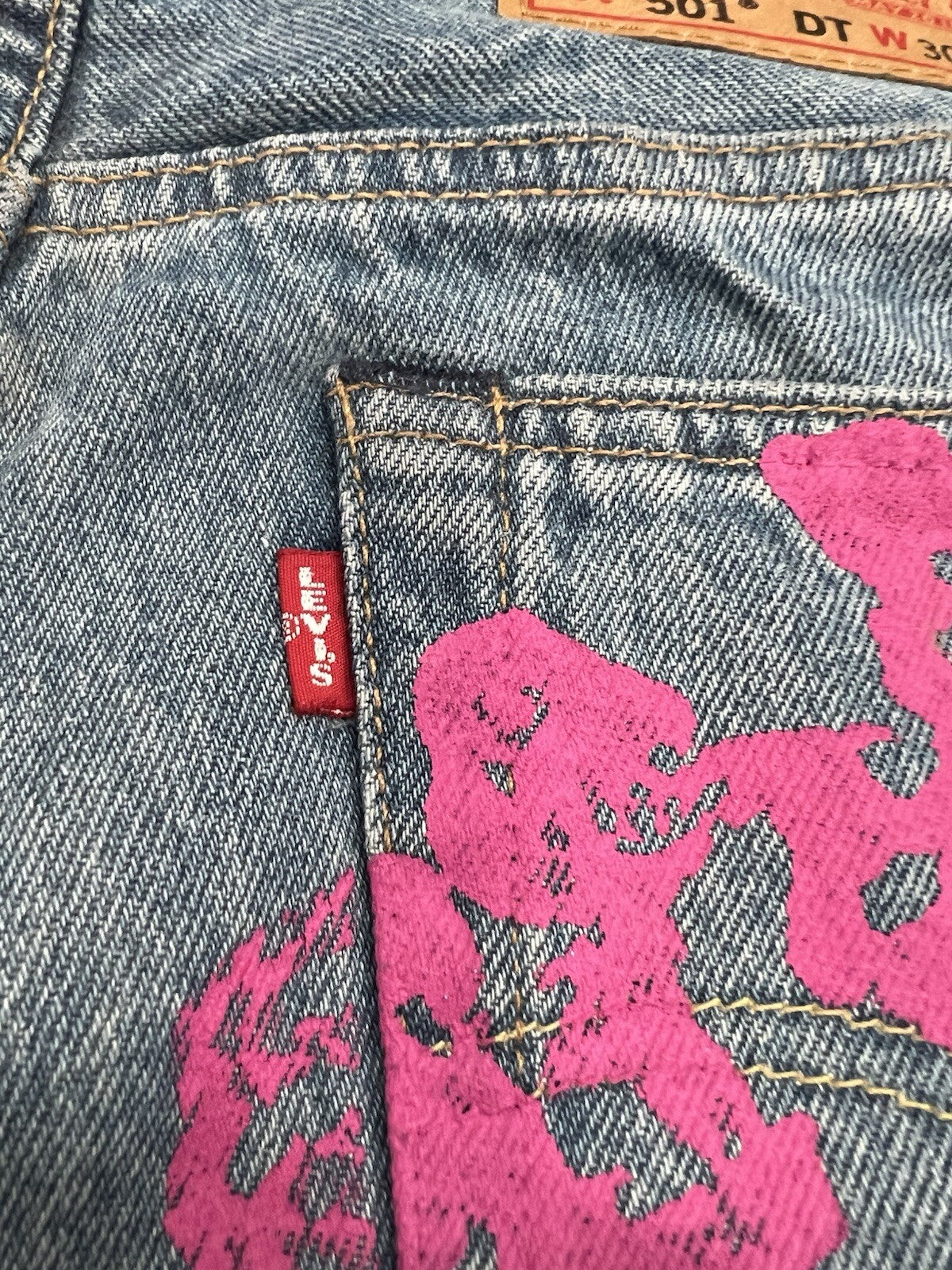 Denim Tears Bstroy Tears 501 DT Light Wash Jean Pink/Green 30 X 32