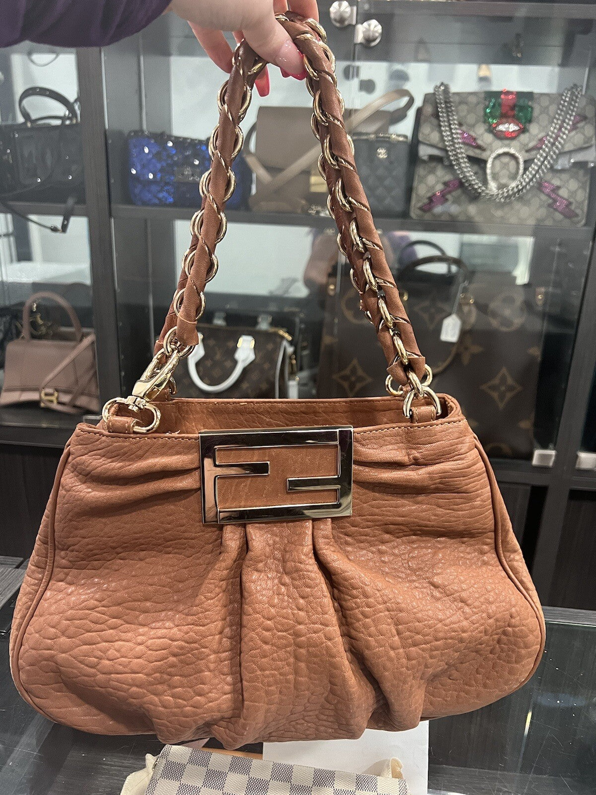 Fendi Small Mia Cognac Chain Shoulder Bag W/Card