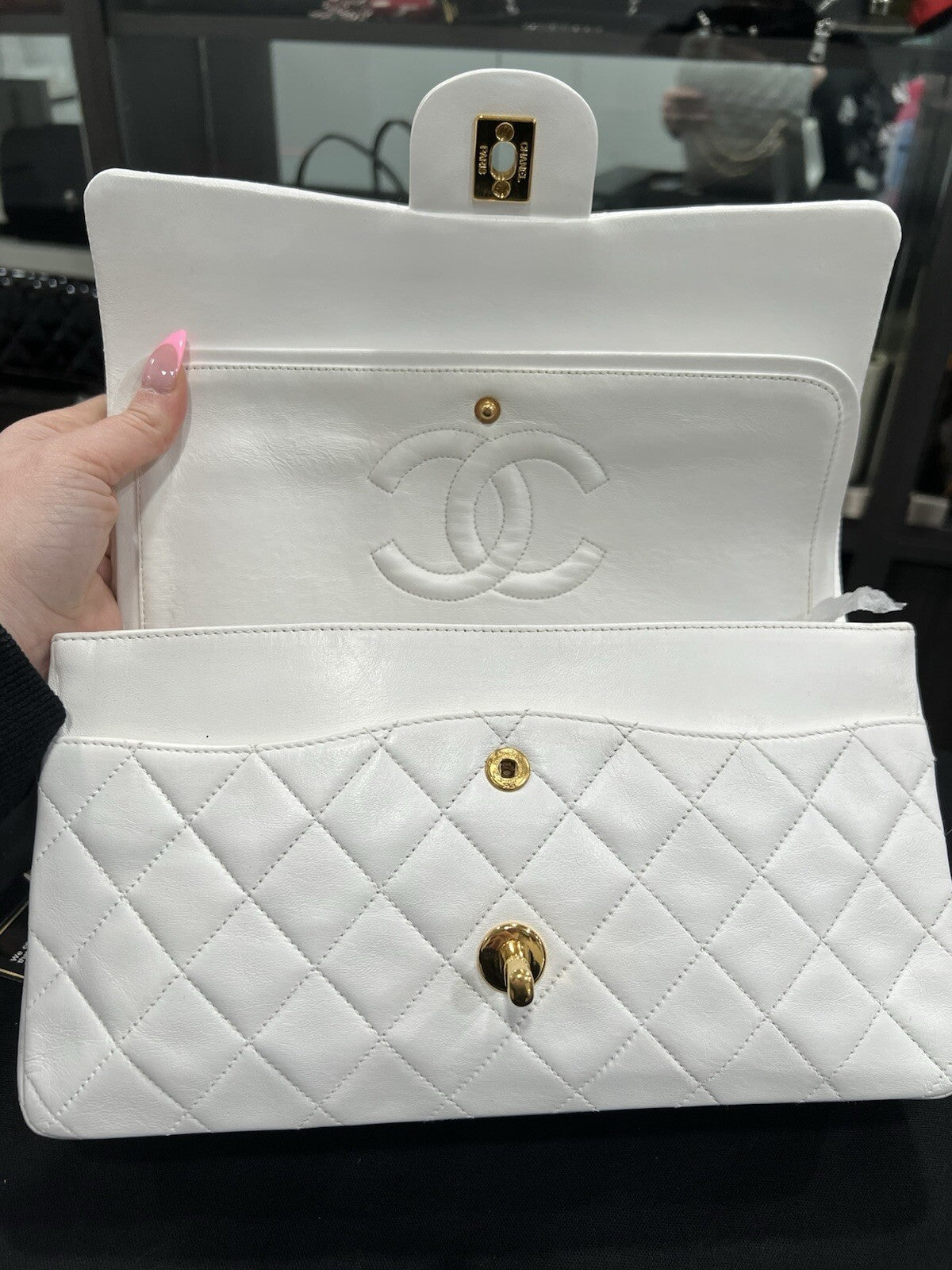 Chanel White 24k Gold Plated Hardware Lambskin Double Flap Classic