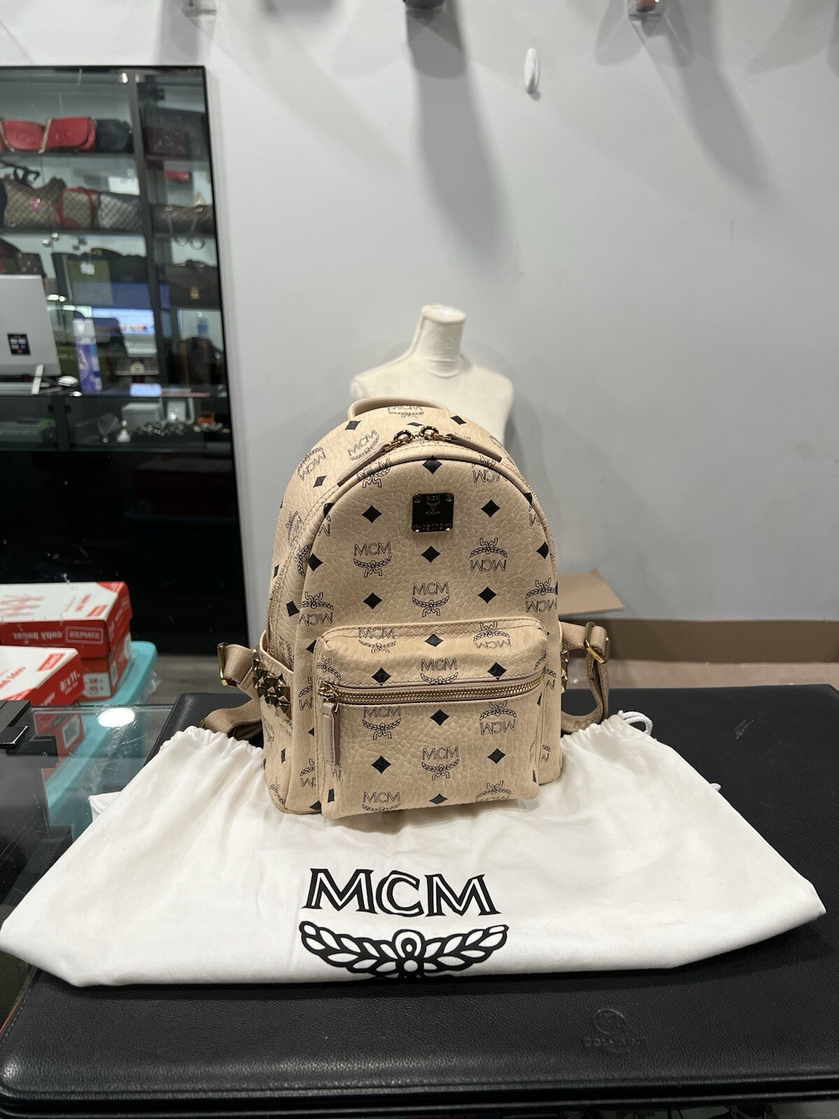 MCM Stark Side Studded Beige Visetos Studded Small Backpack