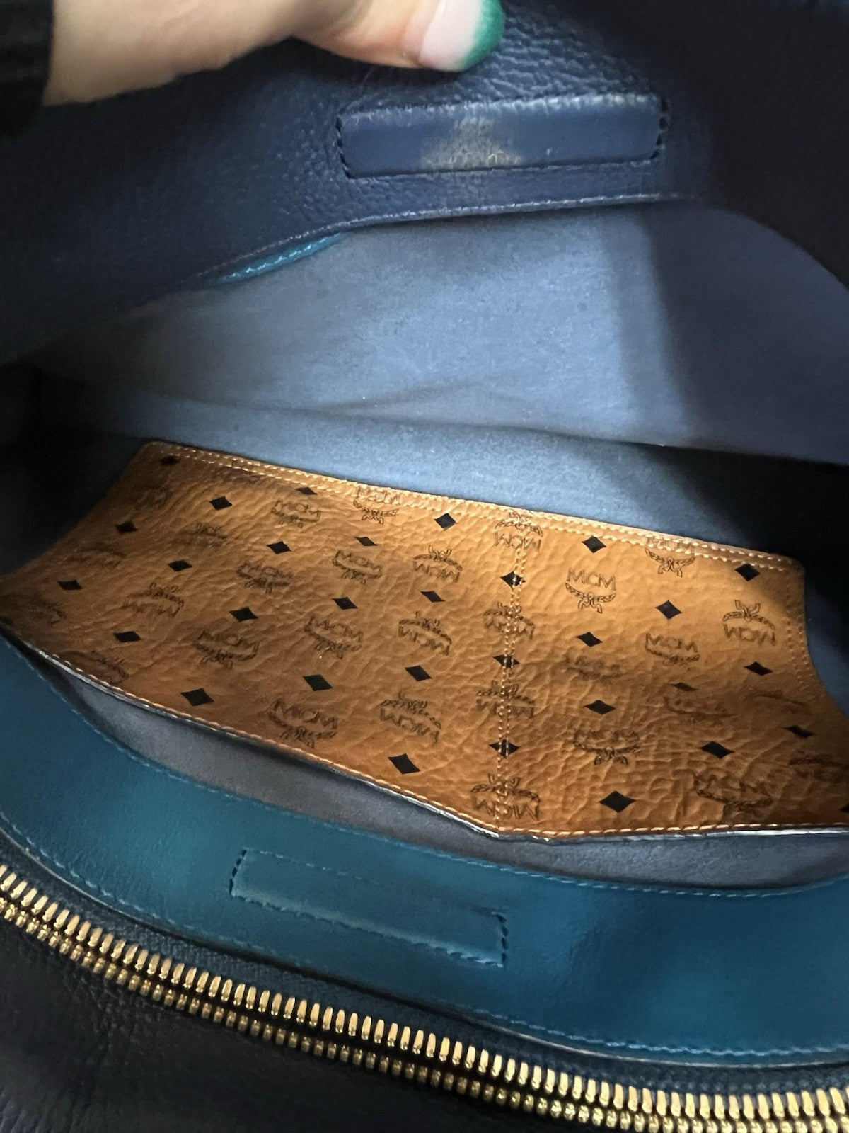 MCM Blue Leather Milla Tote With Canvas Strap