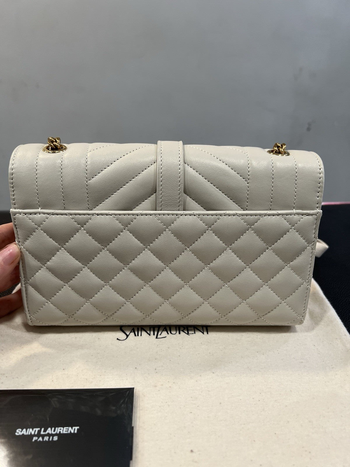 YSL Saint Laurent Ivory/Gold Envelope Triquilt Small Smooth Leather MSRP $2950
