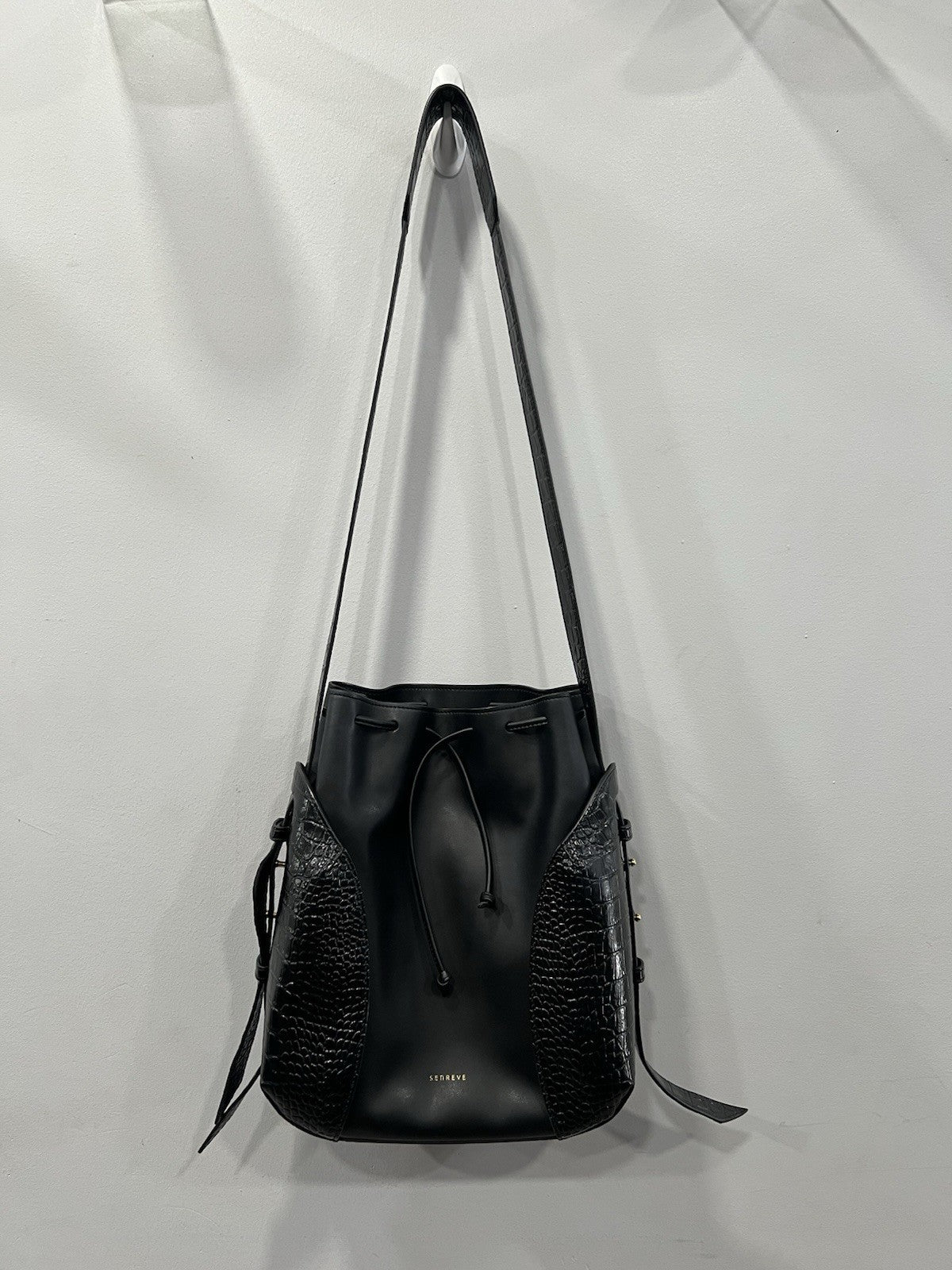 Senreve Fiore Vegan Leather Black Croc Embossed Bucket Bag Retail $825