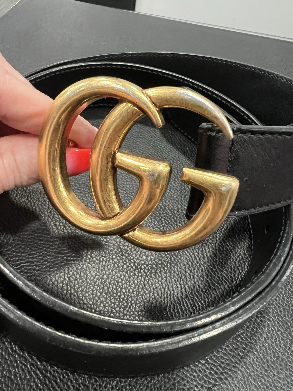 Gucci Marmont Antiqued Buckle Black Leather Belt Sizwe 95/38"