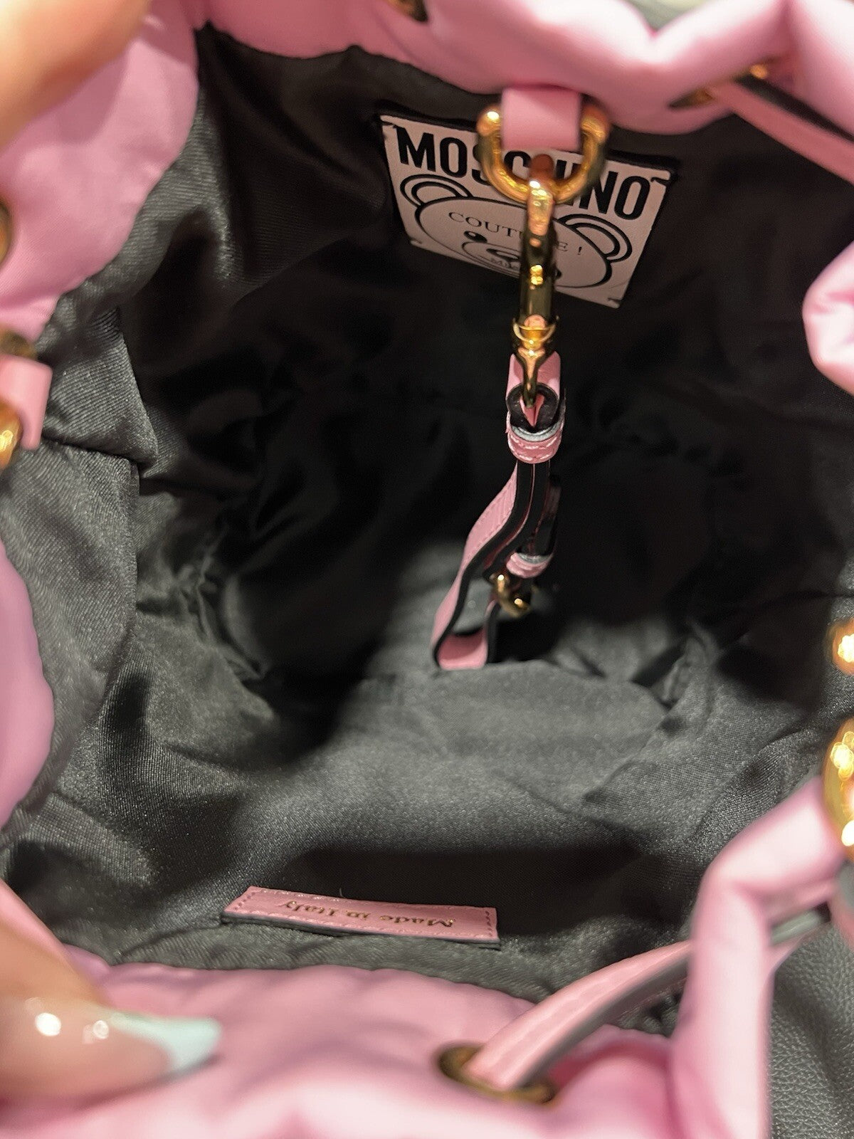 Moschino Couture Pink Nylon Bucket Crossbody/Wrist Bag NWT & Duster