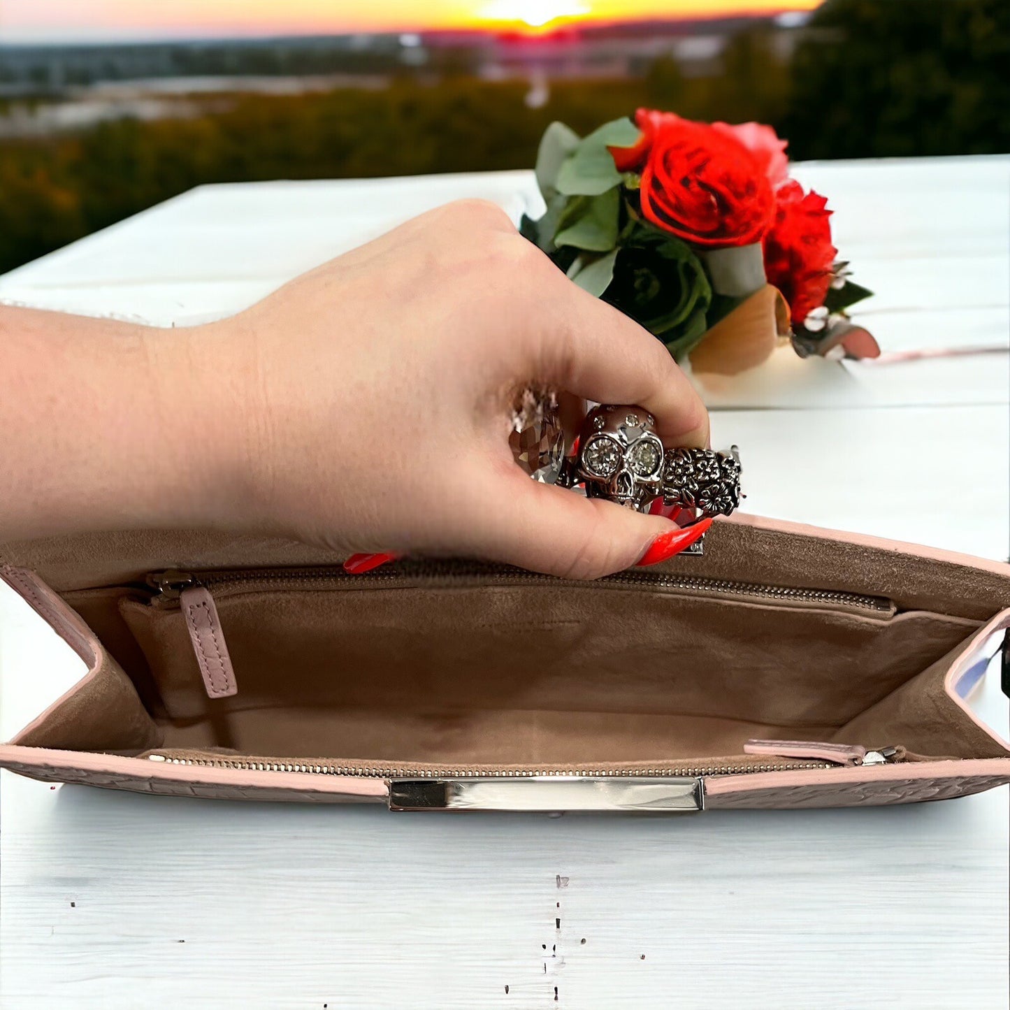 Alexander McQueen Pale Pink Crock Embossed Flat Knuckle Clutch