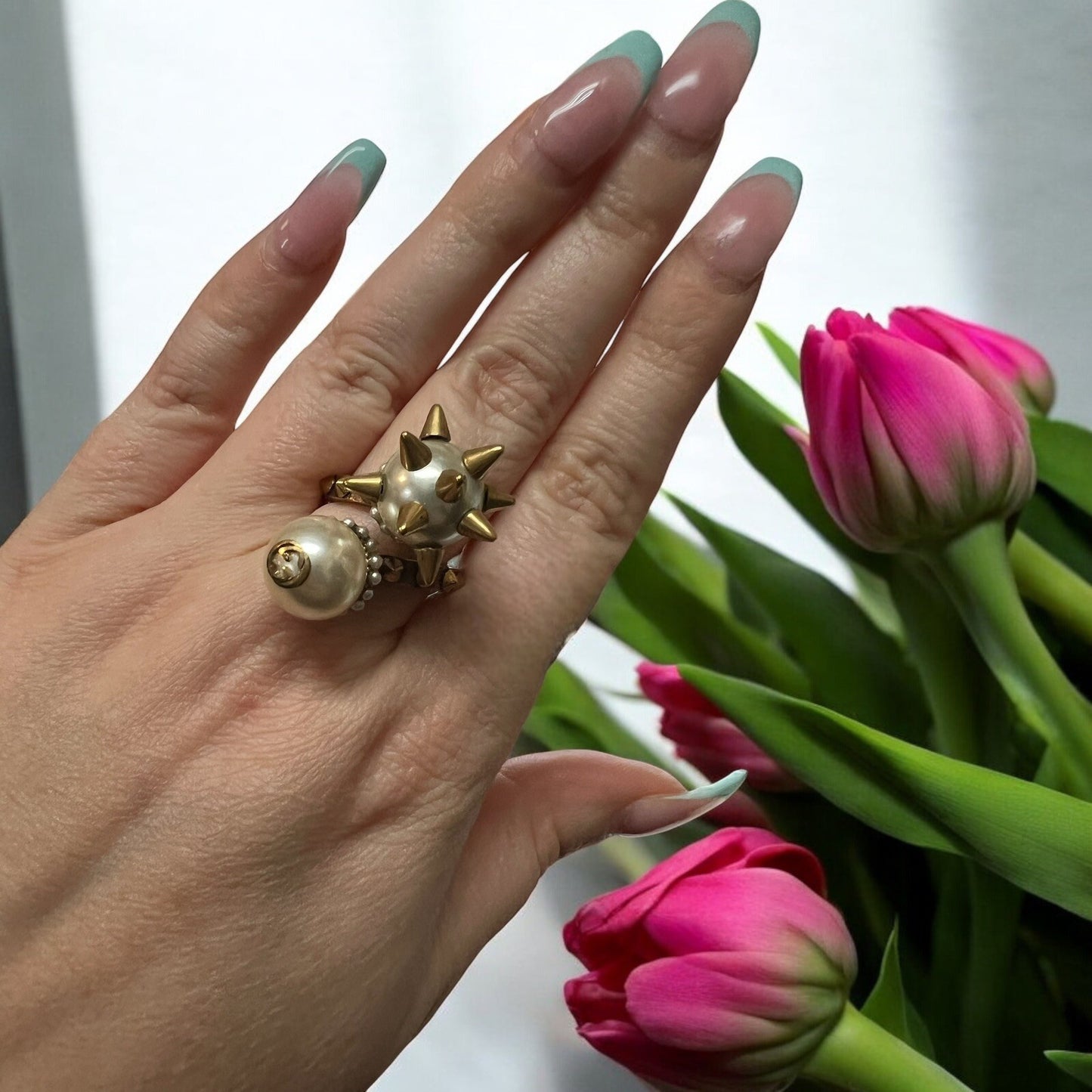 Gucci Faux Pearl Spike Bypass Cocktail Ring Size 6.5