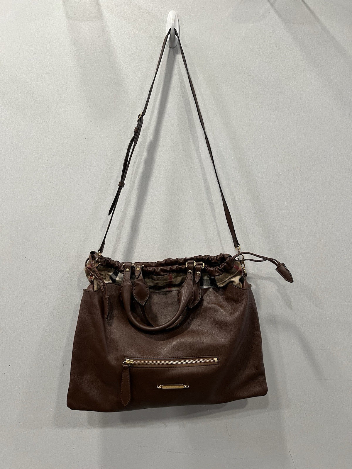 Burberry Big Crush Leather Plaid Drawstring Tote