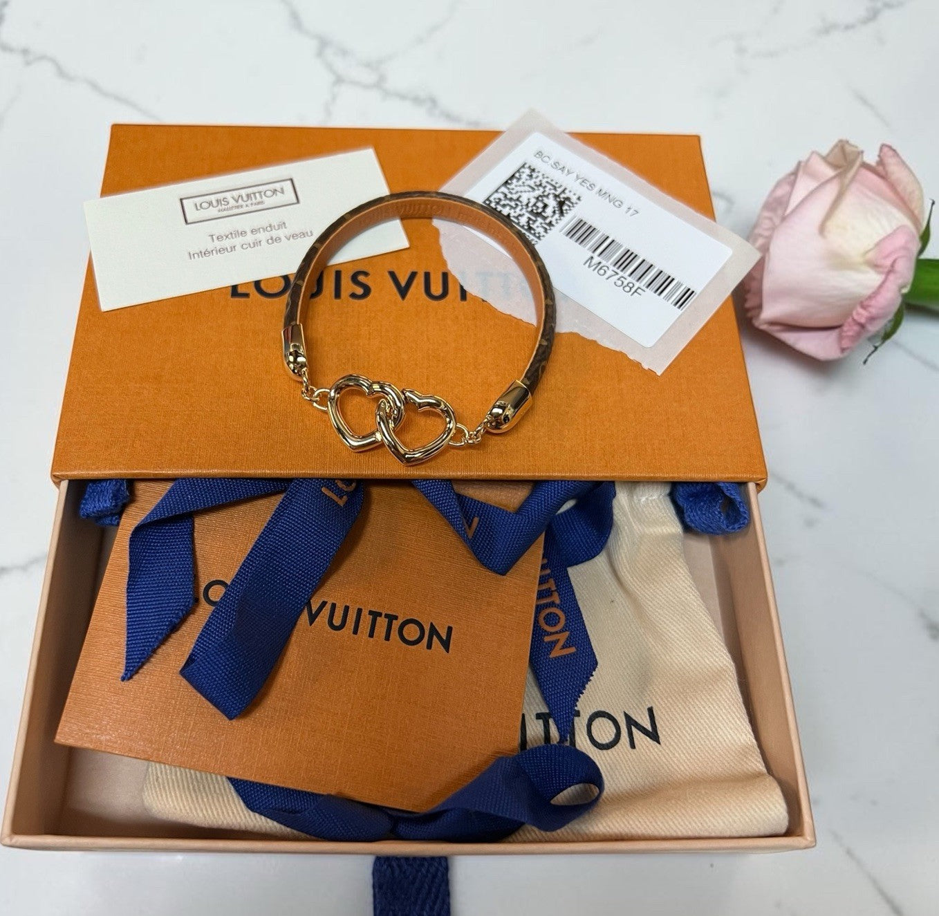 Louis Vuitton Say Yes Monogram Double Heart Bracelet Retail $440 Size S 17 6.7"