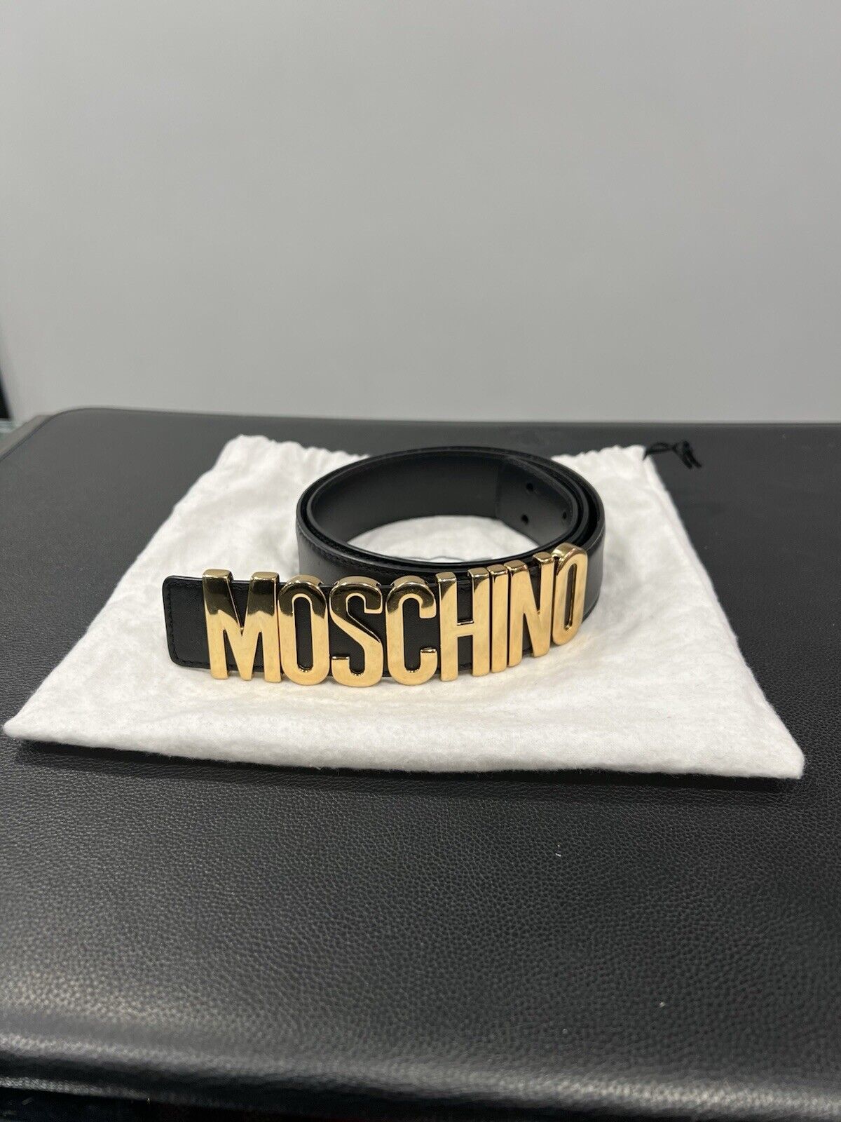 Moschino Men's Logo Belt Black/Gold W/Duster Size 31"-36" Retail $325