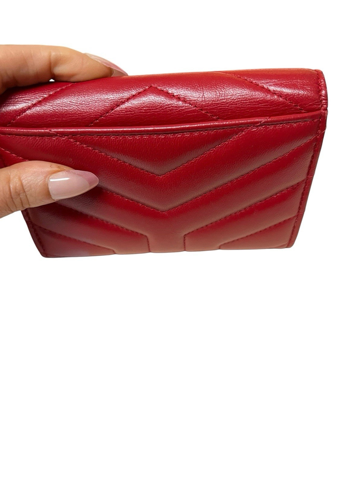 YSL Saint Laurent Leather Red Compact Wallet Card Case Box Duster & Tags