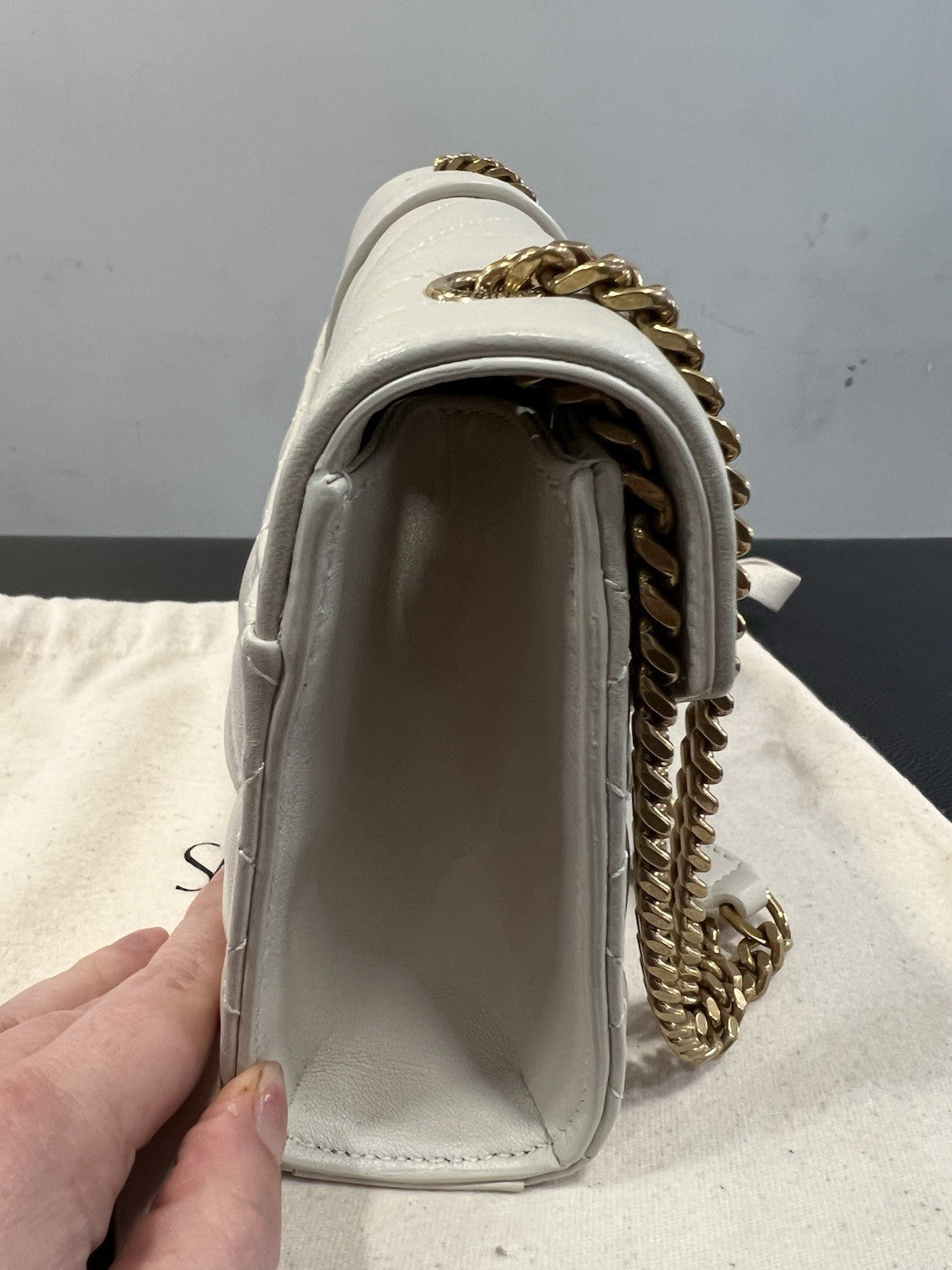 YSL Saint Laurent Ivory/Gold Envelope Triquilt Small Smooth Leather MSRP $2950