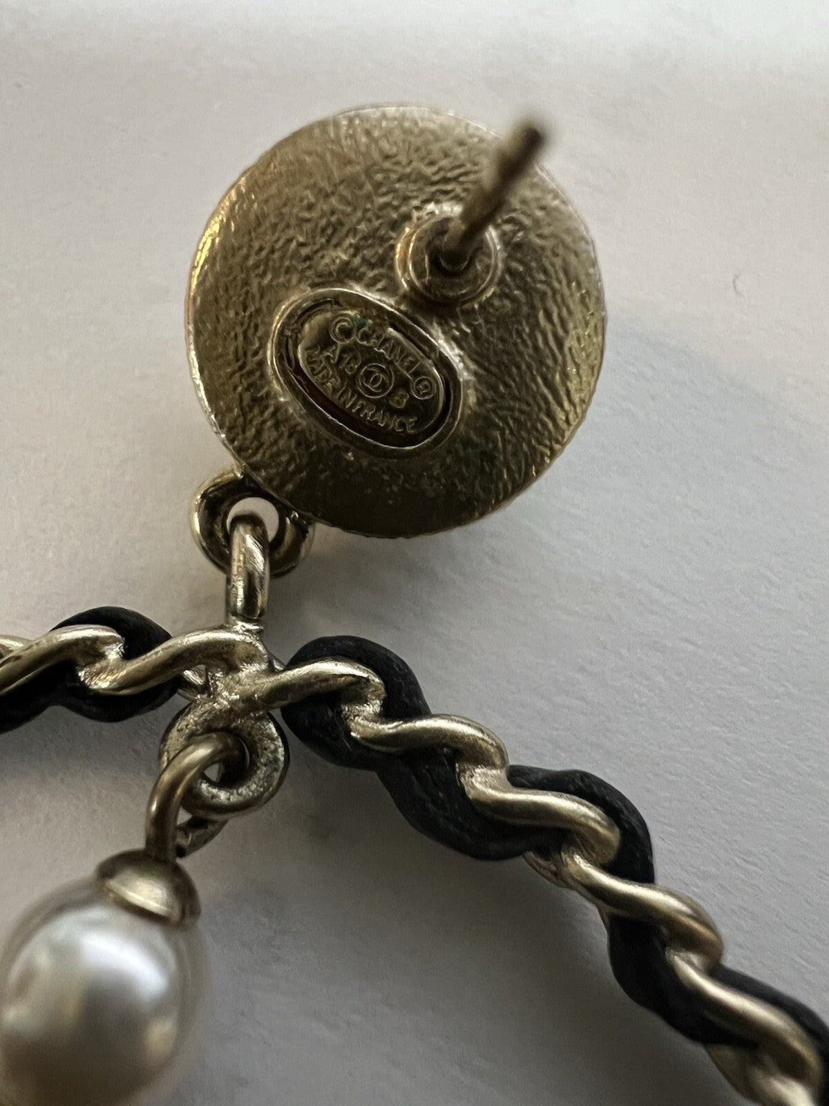 Chanel Lambskin Leather Crystal Pearl Logo Hoop Earrings