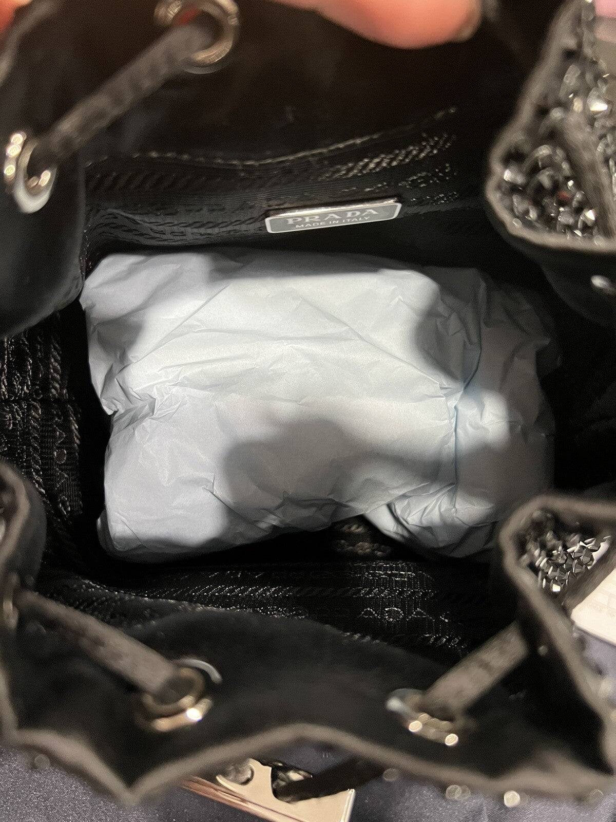 Prada Satin Mini Bucket Bag W/Crystals NWOB W/Certificate of Authenticity & Tags