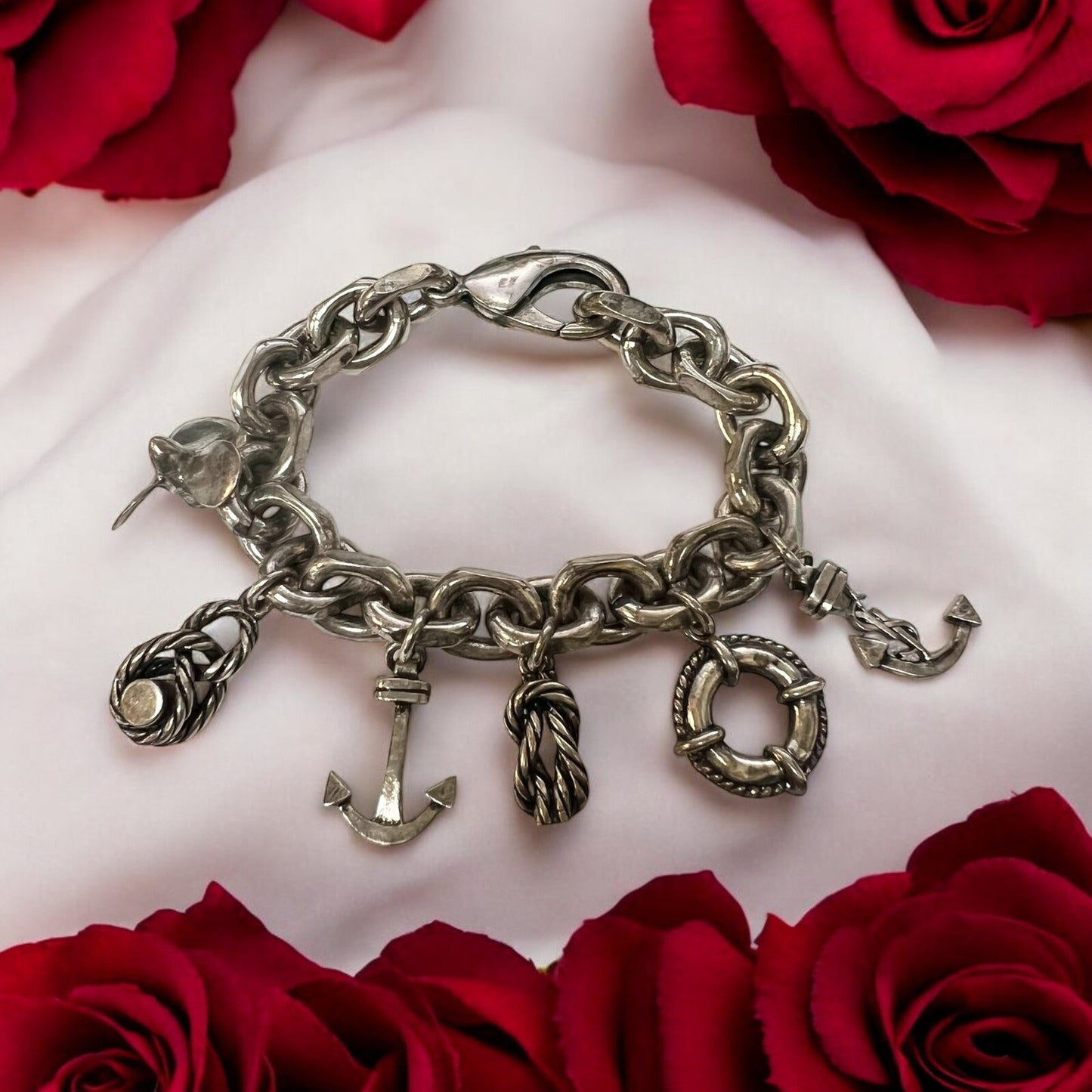 YSL Saint Laurent Nautical Silver Toned Charm Bracelet 6.25" RARE