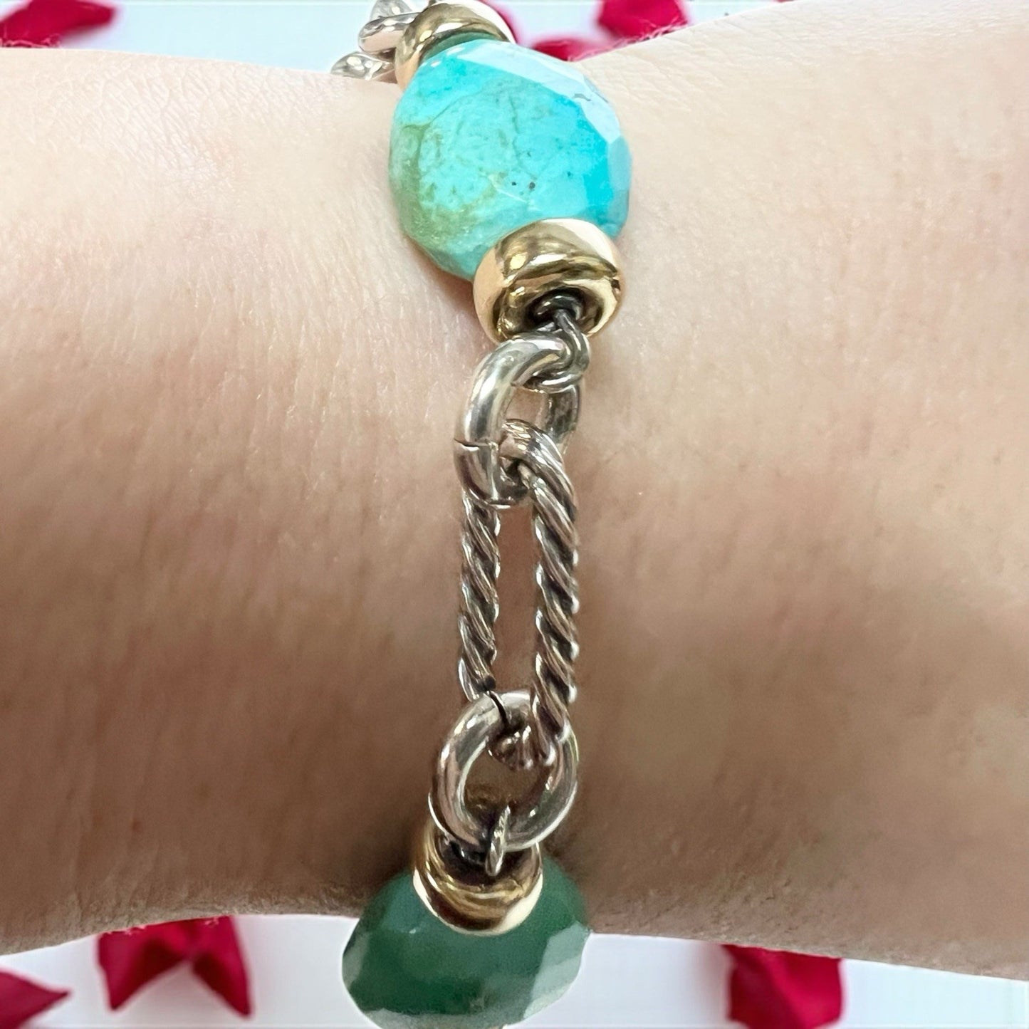 David Yurman Turquoise .925 Sterling Silver &18k Gold Figaro Bracelet RARE