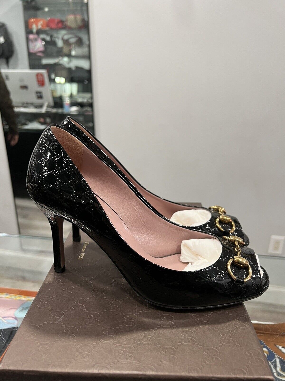 Gucci Patent Vernice Microguccisima Bit Heels 38.5/US8.5 Retail $660