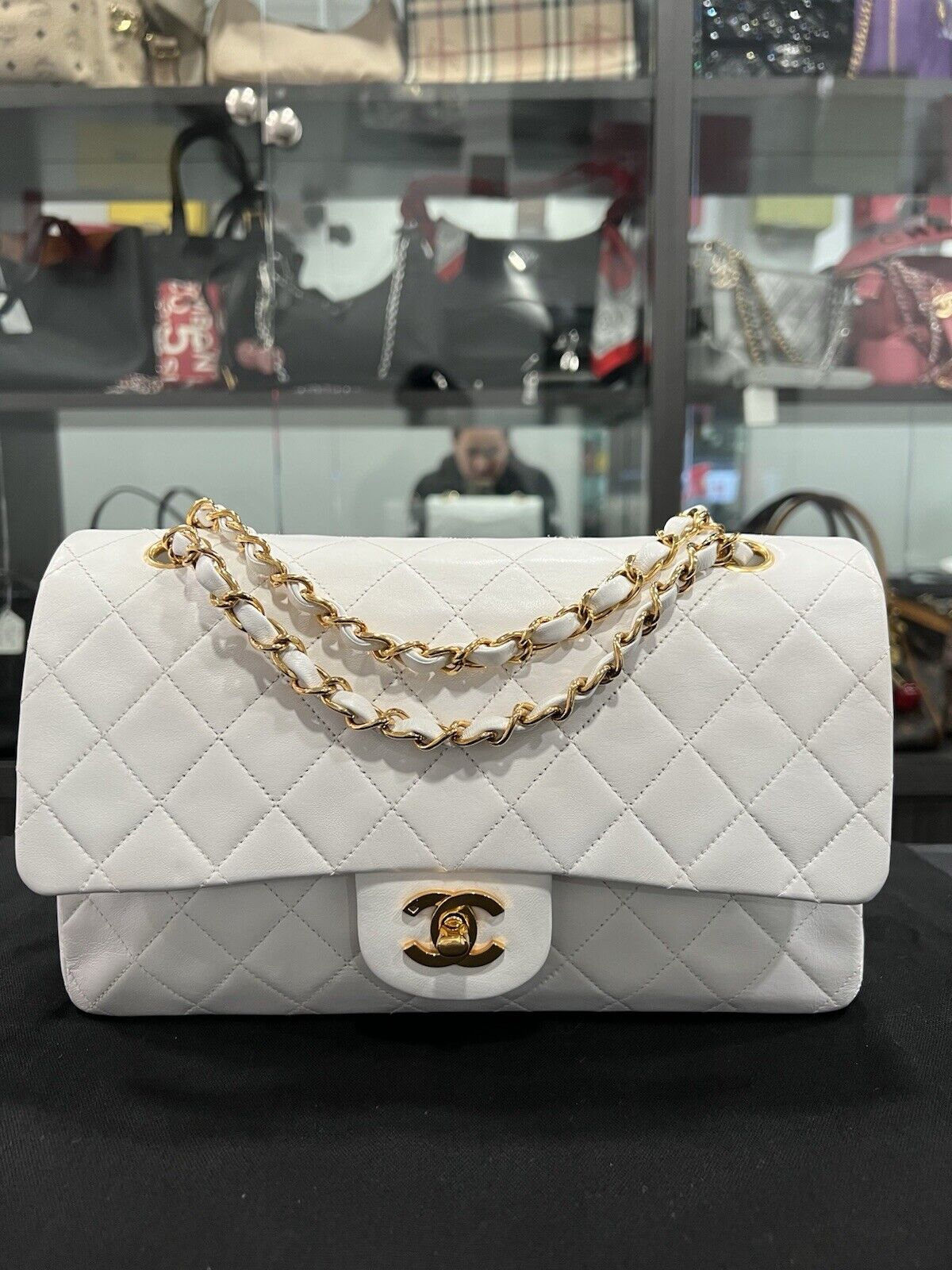 Chanel White 24k Gold Plated Hardware Lambskin Double Flap Classic