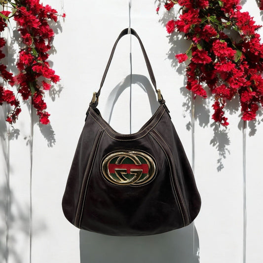Gucci Leather Medium Britt Dark Brown Shoulder Bag With Authenticity