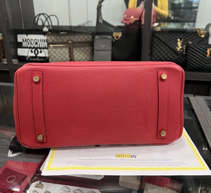 Hermes Birkin Red/Gold Togo Leather 30 W/ Certificate Of Authenticity From 2020