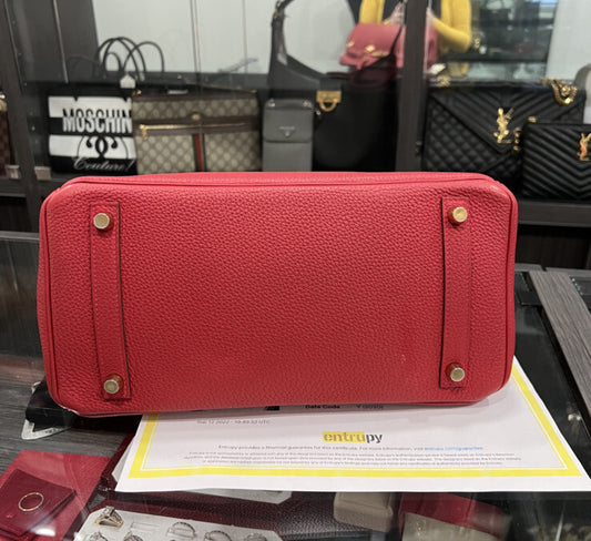 Hermes Birkin Red/Gold Togo Leather 30 W/ Certificate Of Authenticity From 2020