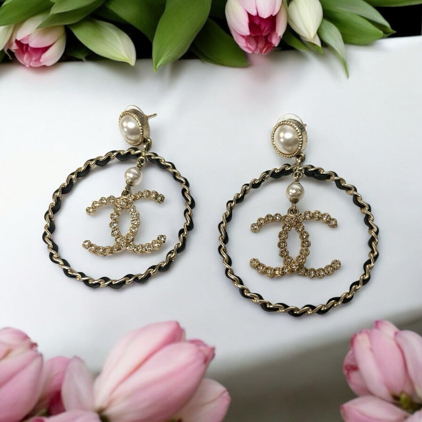 Chanel Lambskin Leather Crystal Pearl Logo Hoop Earrings