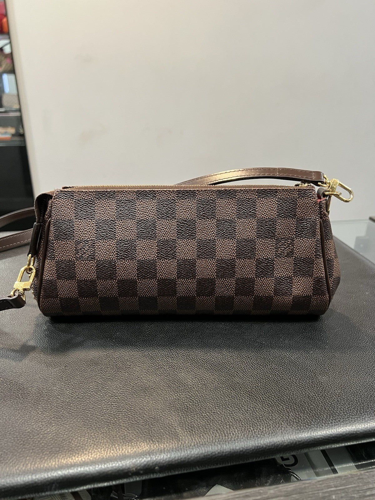 Louis Vuitton Damier Ebene Eva Clutch Crossbody Bag With Authenticity