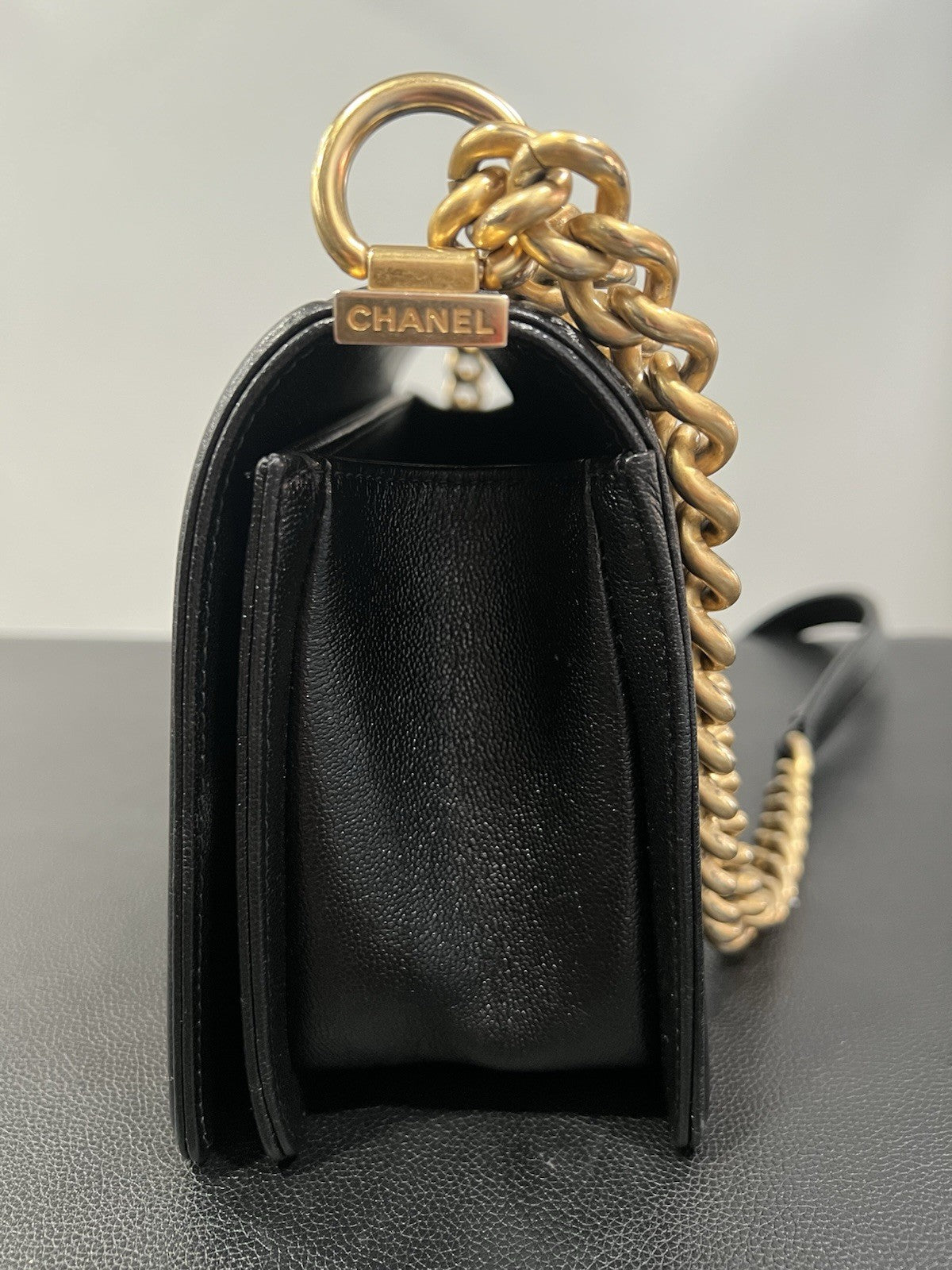 Chanel Black Gold Chevron Caviar Boy Bag With Duster & Authenticity Retail $6900