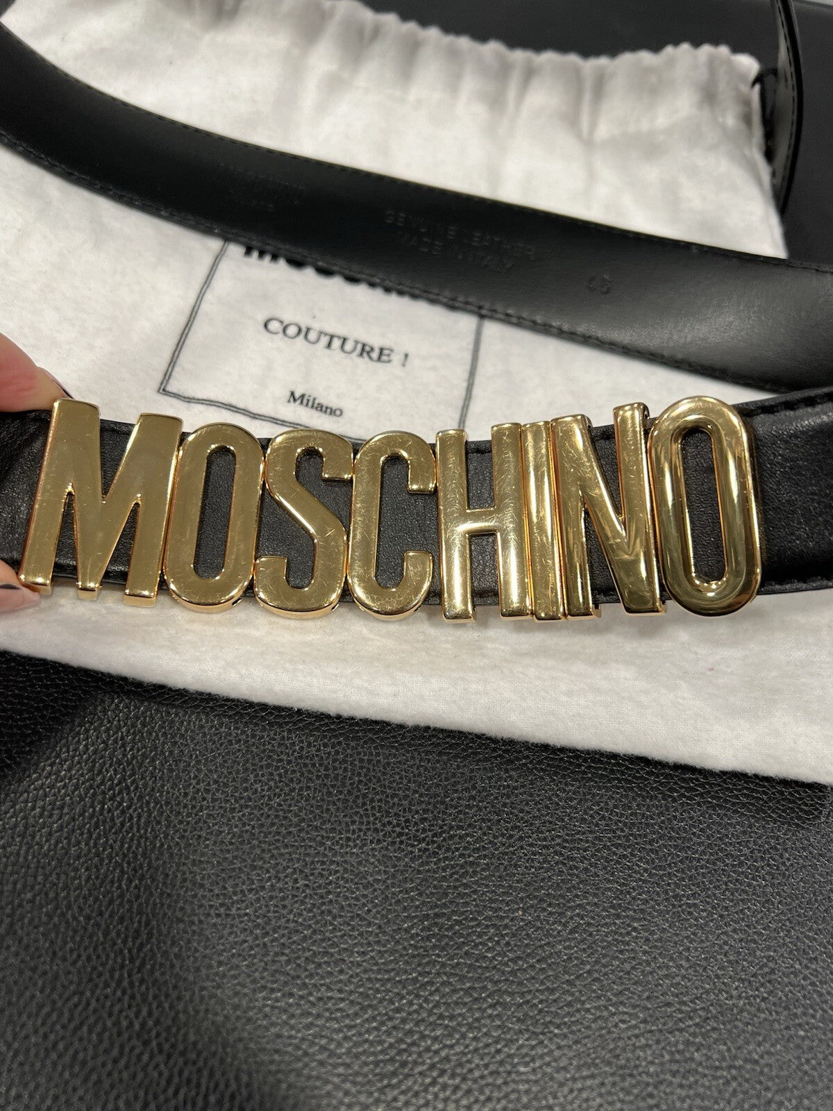 Moschino Men's Logo Belt Black/Gold W/Duster Size 31"-36" Retail $325