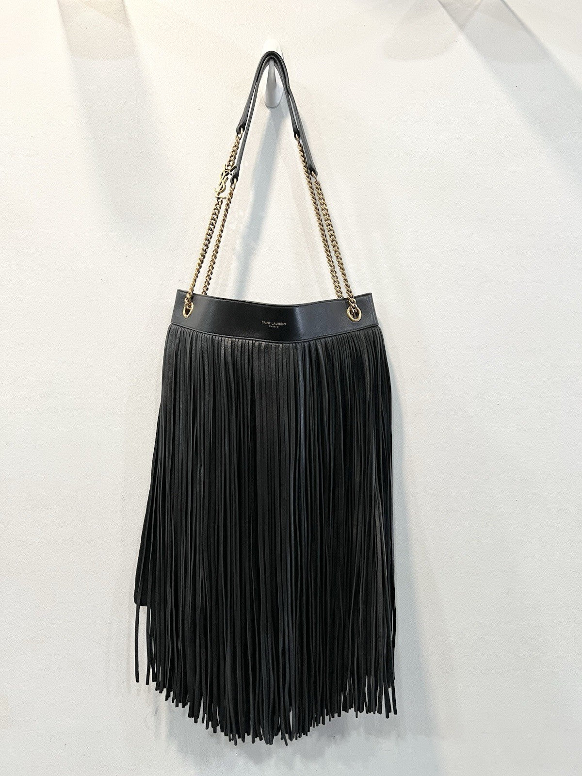 YSL Saint Laurent Grace Black Fringe Suede Hobo Bag With Authenticity