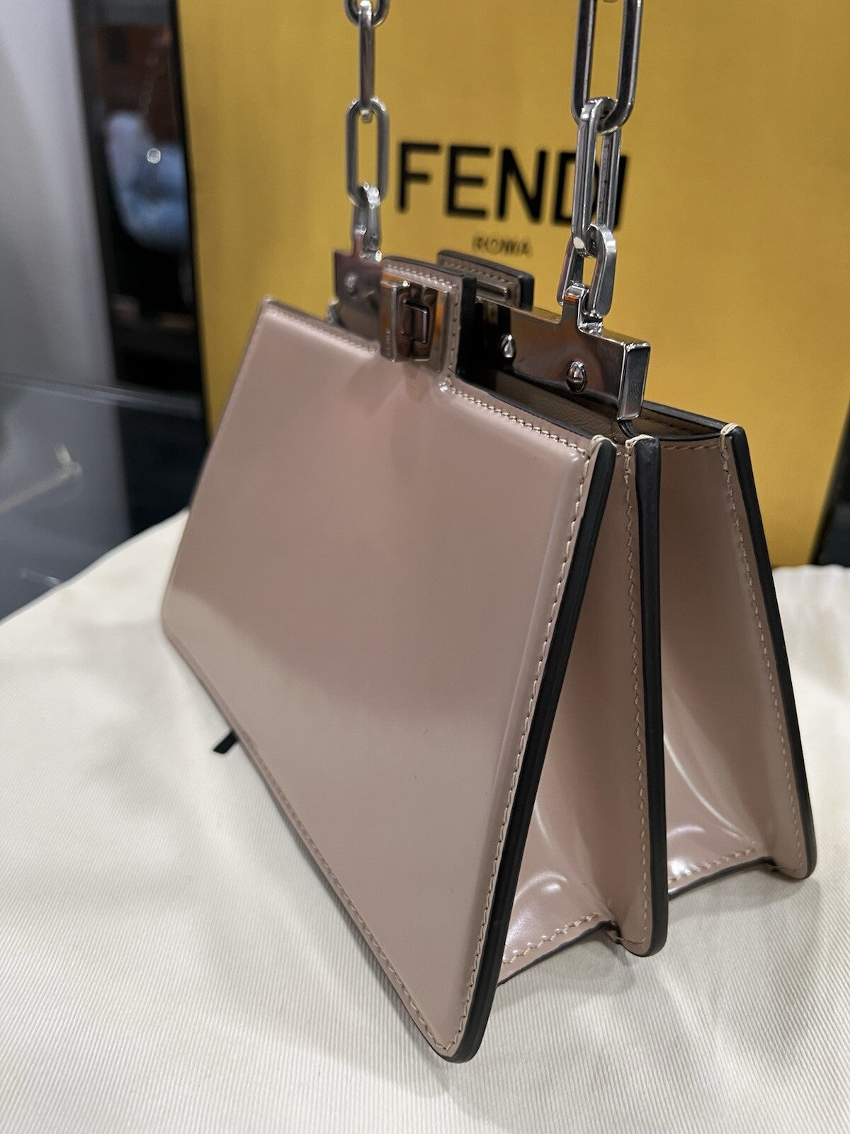 FENDI Peekaboo Cut Mini chain Shoulder Bag Beige Calfskin Retail $4700