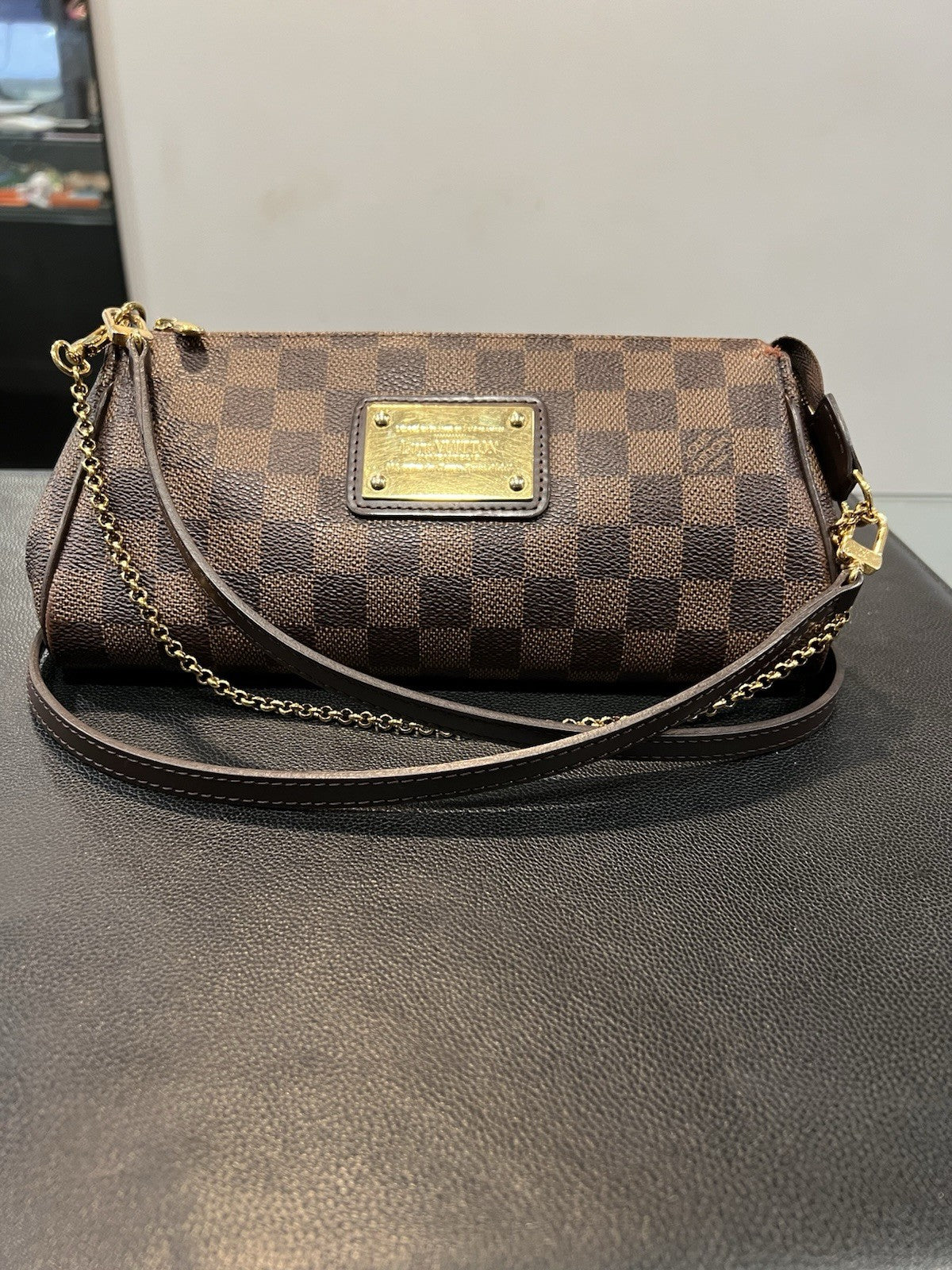 Louis Vuitton Damier Ebene Eva Clutch Crossbody Bag With Authenticity