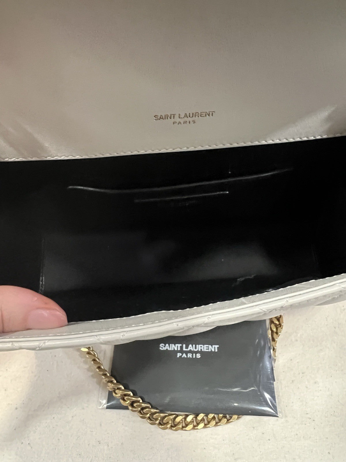 YSL Saint Laurent Ivory/Gold Envelope Triquilt Small Smooth Leather MSRP $2950