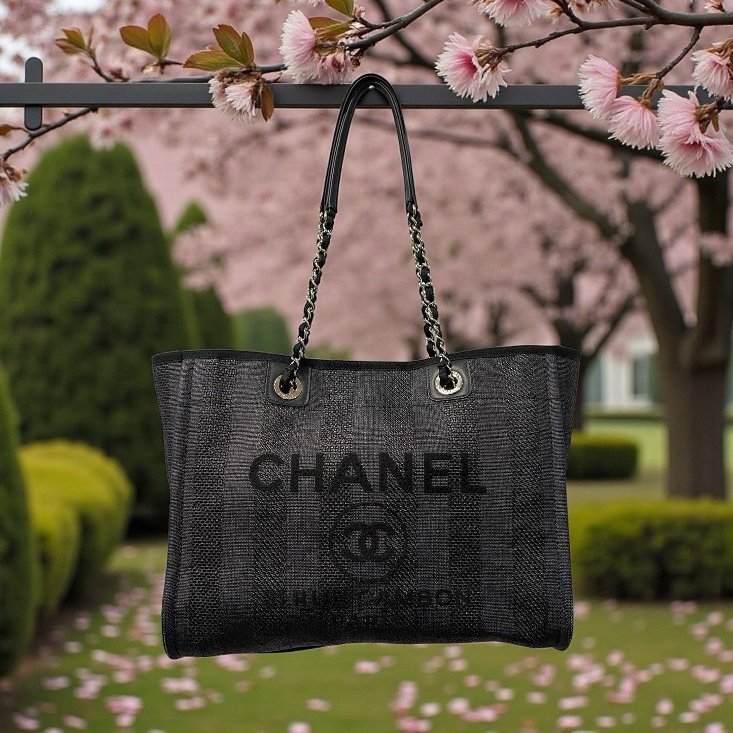 Chanel Mixed Fibers Striped Small Deauville Tote Navy Blue W/Authenticity