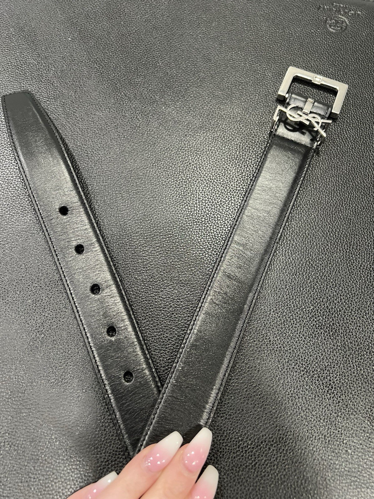 YSL Black & Silver Plated Cassandre Leather Monogram Belt Sz 90cm