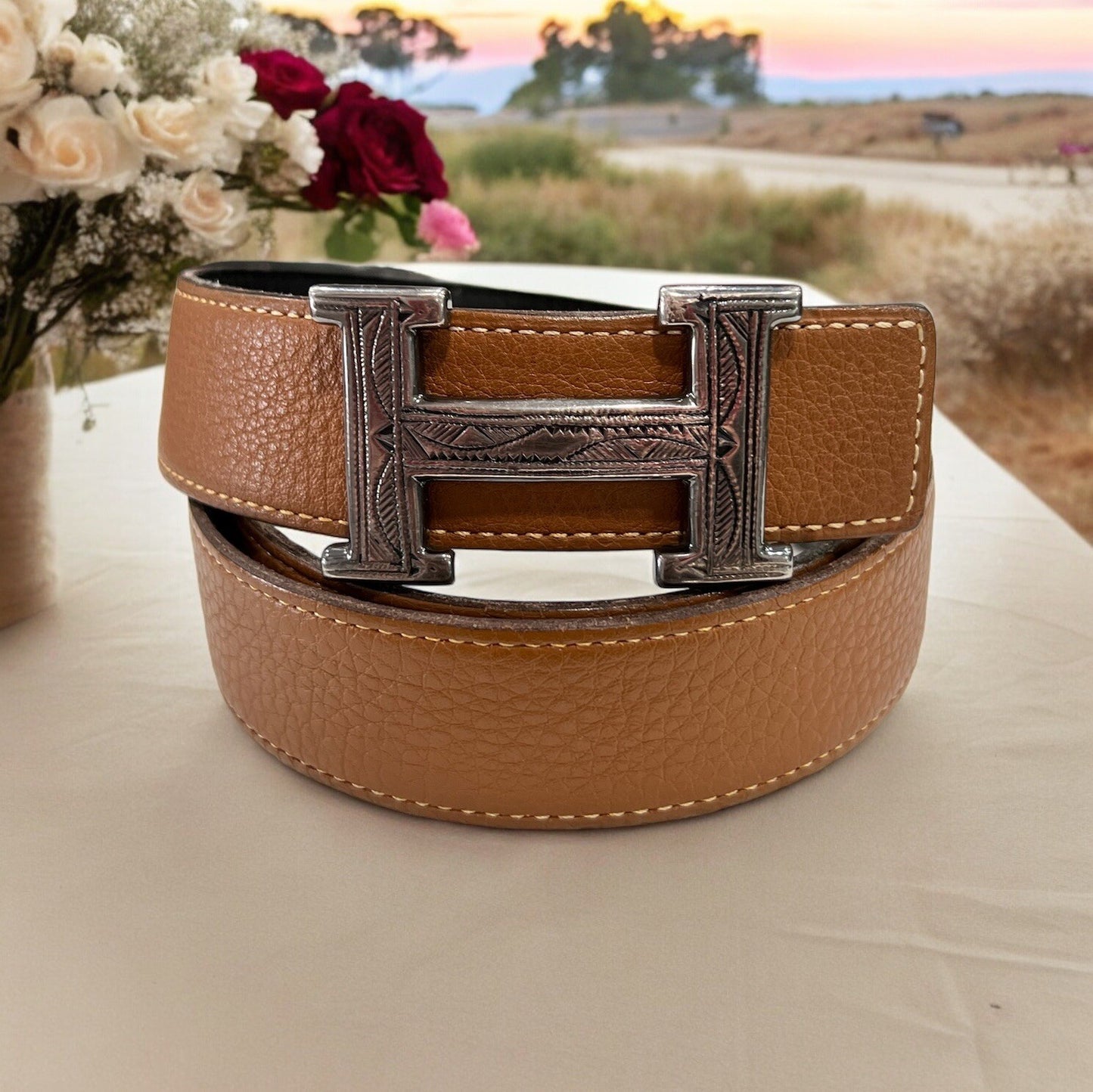Hermes .925 H Buckle (RARE) Touraeg Croc & Reversible Belts Sz 85