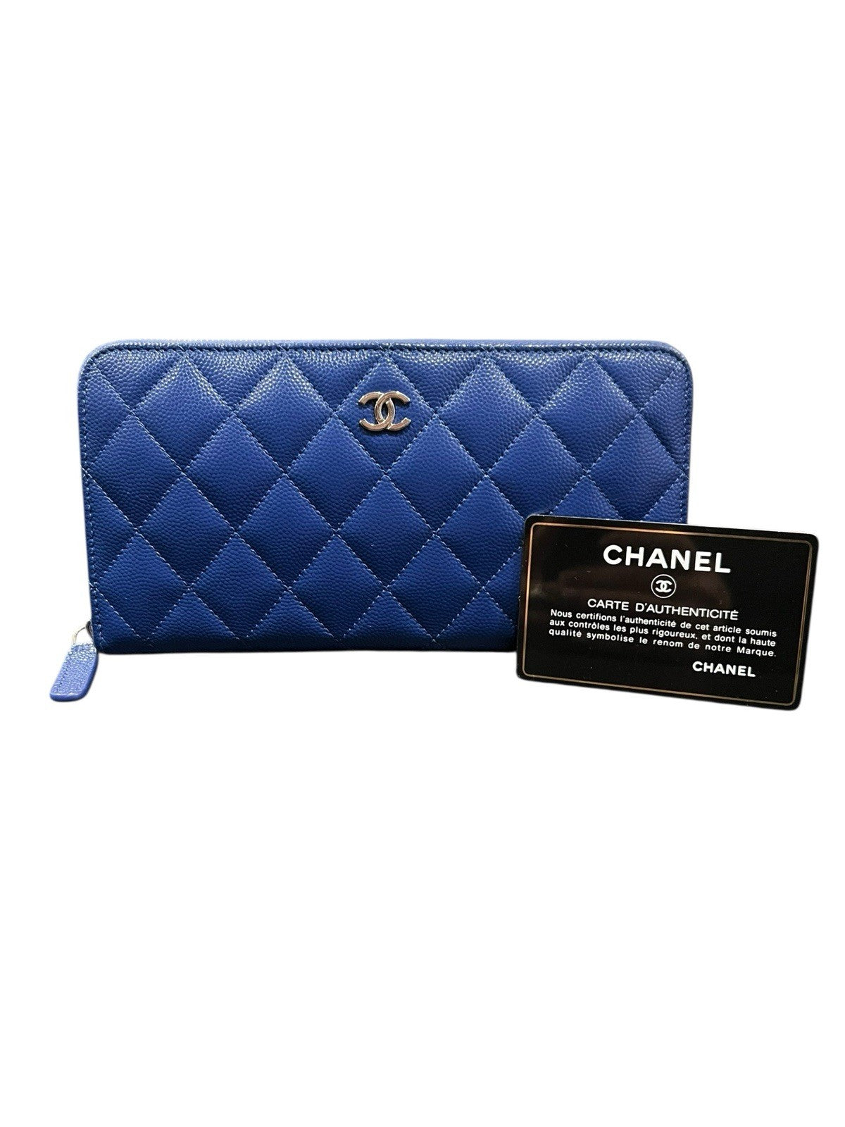 Chanel Caviar Cobalt Blue Leather Zip Around Wallet With Authenticity