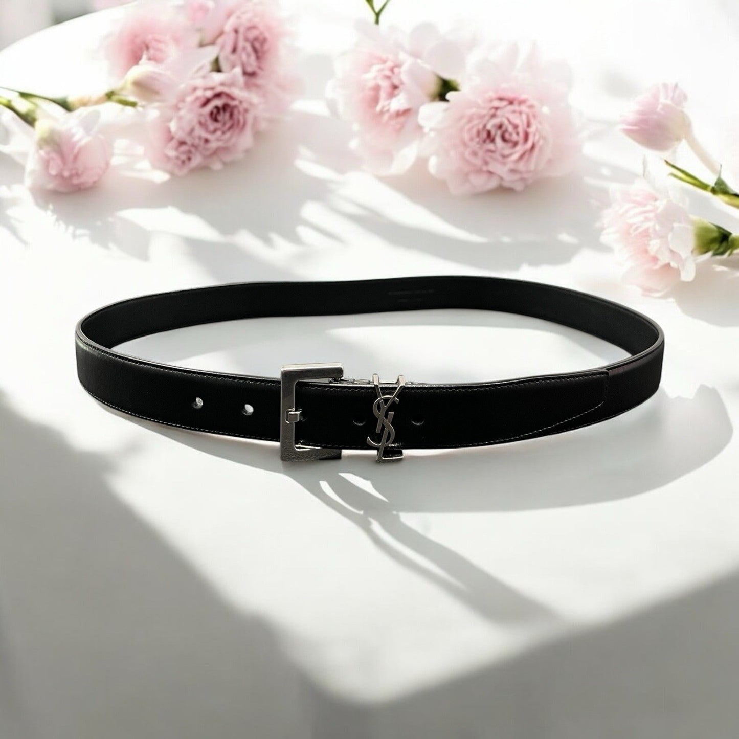 YSL Black & Silver Plated Cassandre Leather Monogram Belt Sz 90cm