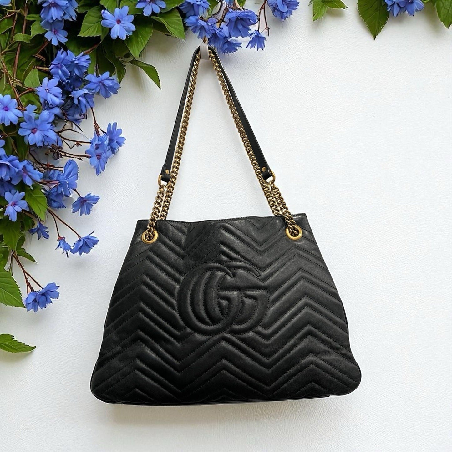 Gucci Marmont Black Gold Hardware Chevron Medium Tote Retail $2800