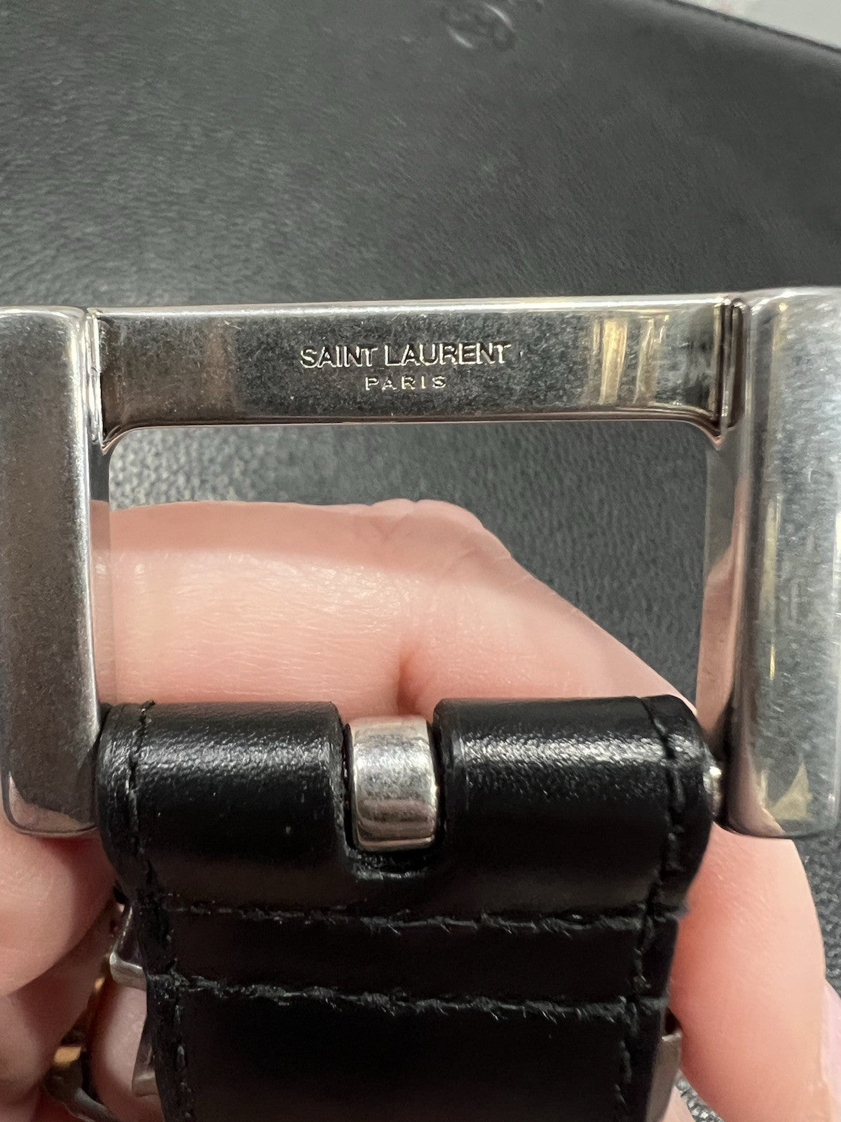 YSL Black & Silver Plated Cassandre Leather Monogram Belt Sz 90cm