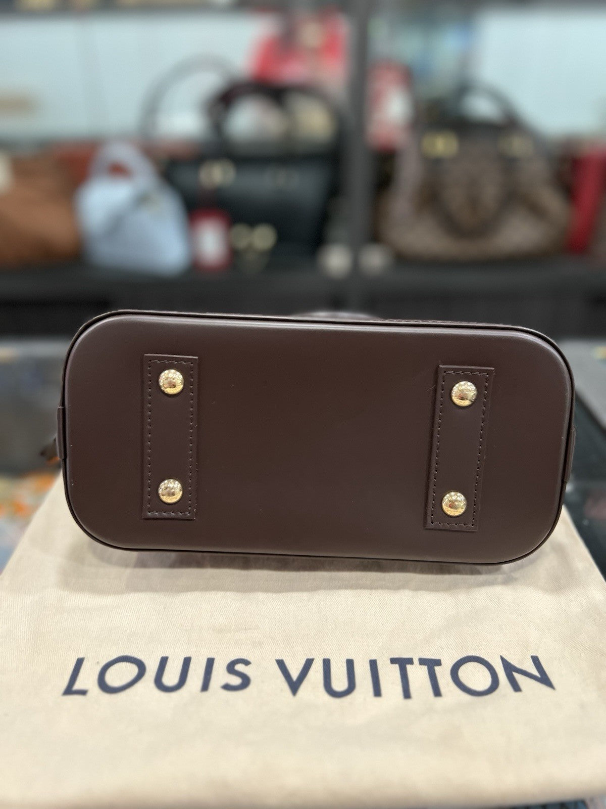 Louis Vuitton Damier Ebene Alma BB W/Lock Key & Duster (Monogrammed No Strap)