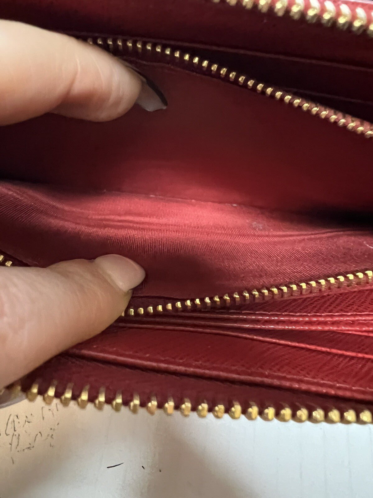 Prada Saffiano Red Leather Zip Around Wallet W/COA