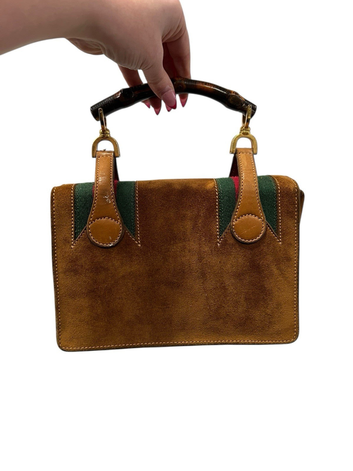 Gucci Vintage Cognac Suede Bamboo Handle Lunchbox Top Handle Bag RARE