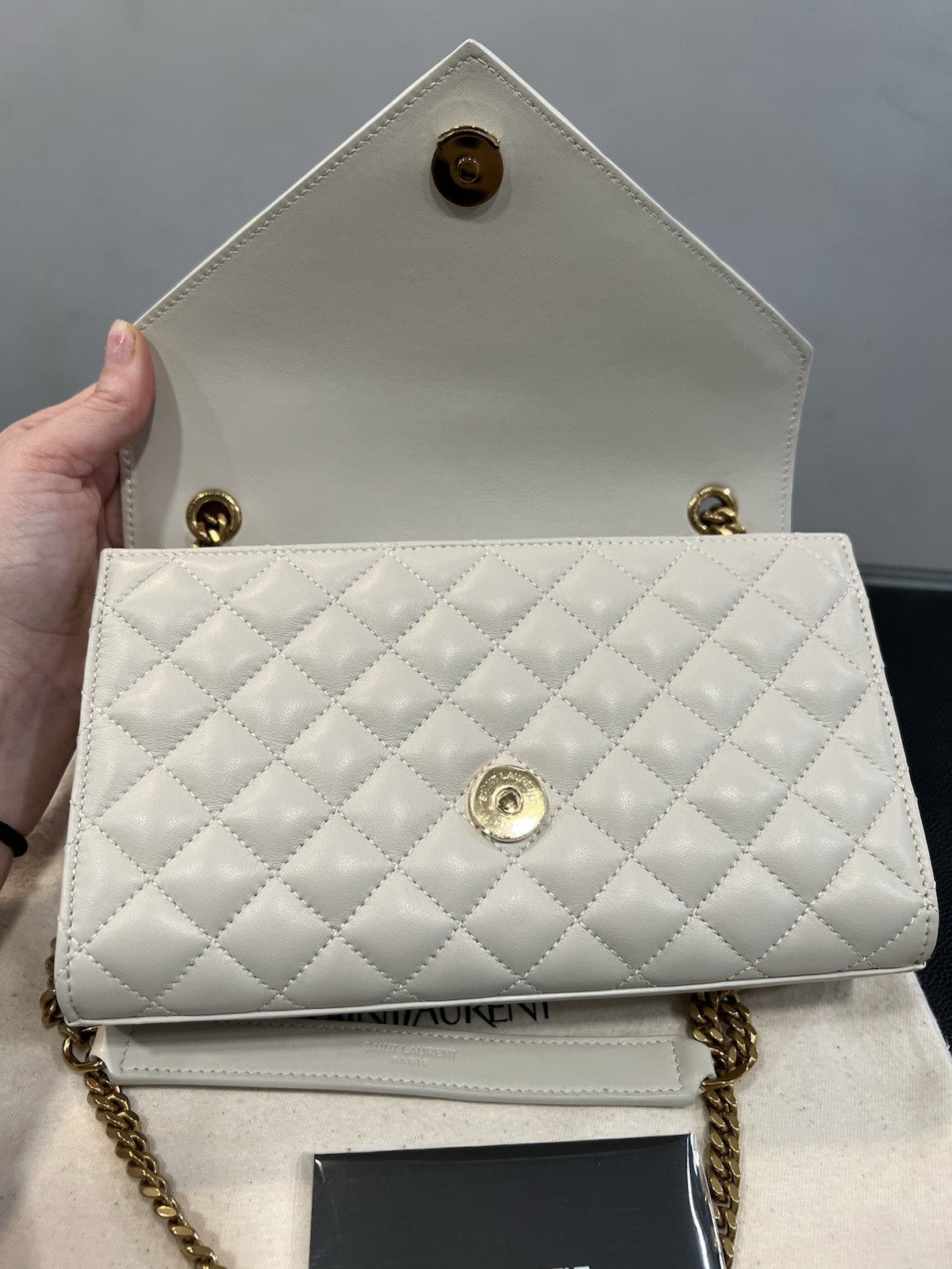 YSL Saint Laurent Ivory/Gold Envelope Triquilt Small Smooth Leather MSRP $2950