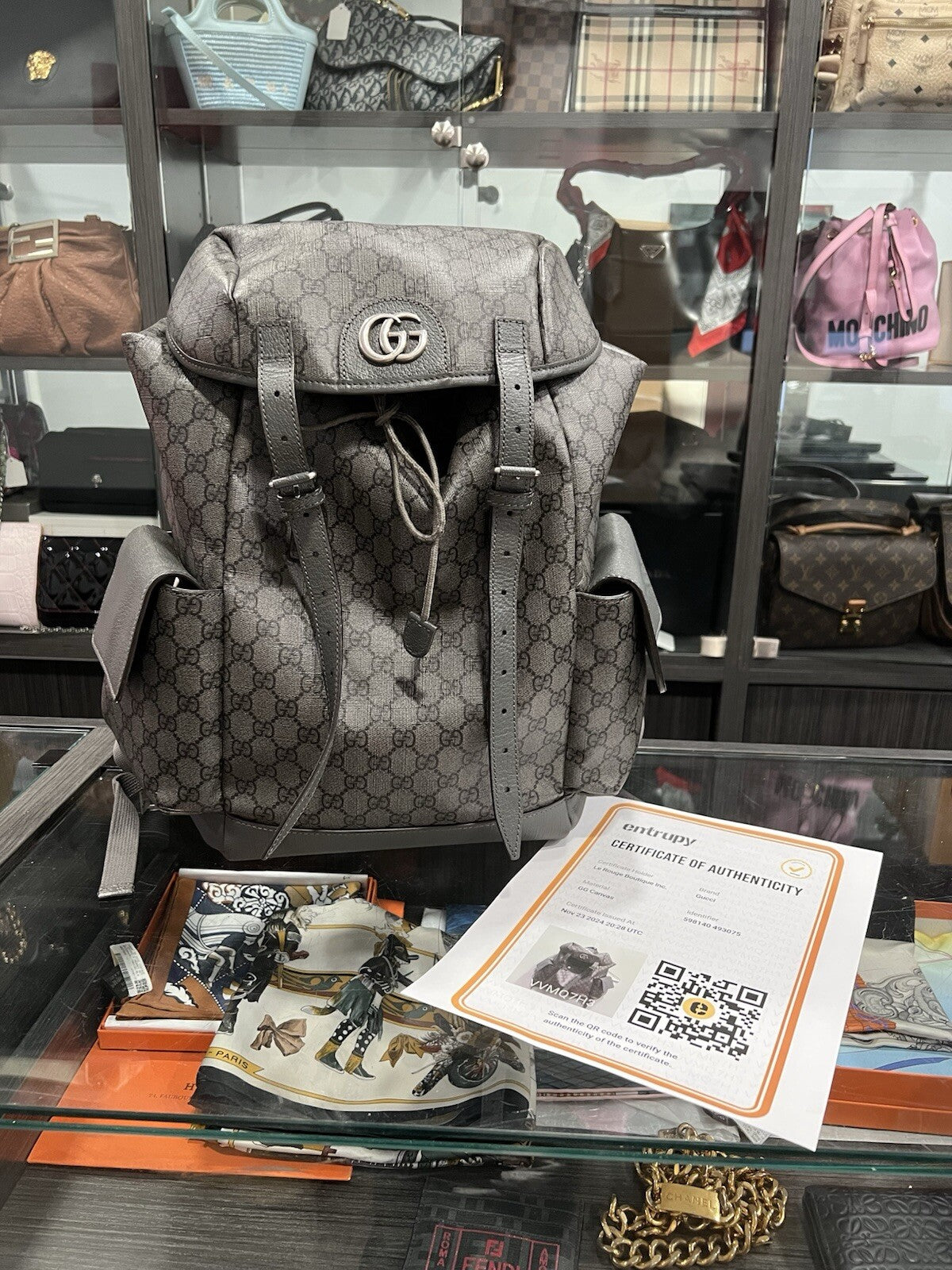 Gucci Ophidia Grey Backpack With Authenticity