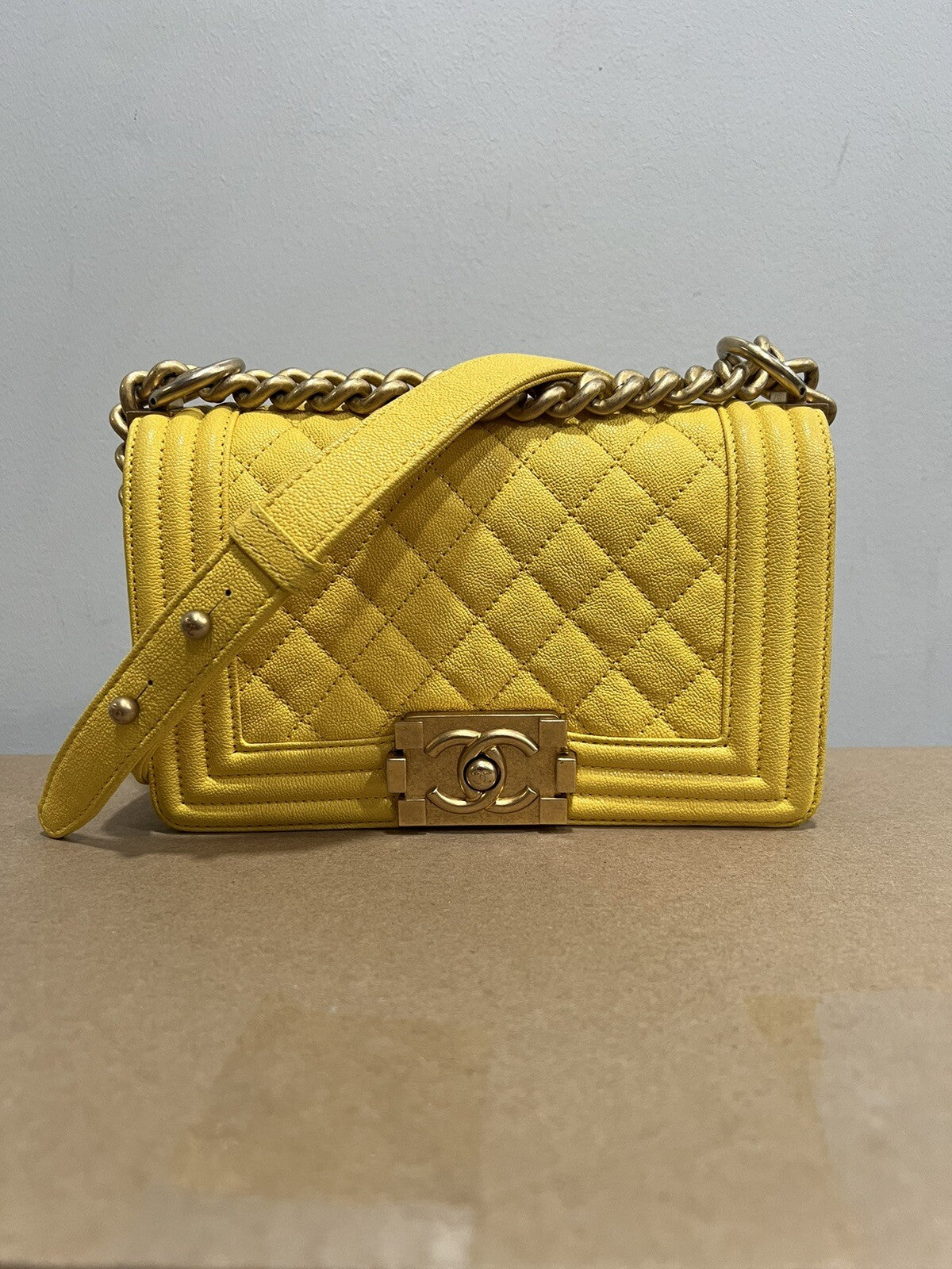 Chanel Caviar Small Yellow Boy Bag With Certificate Of Authenticity