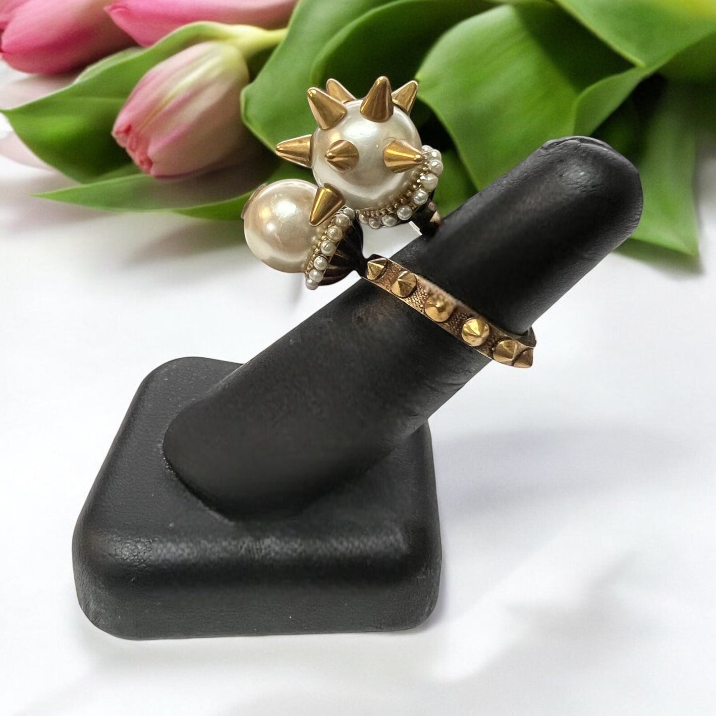 Gucci Faux Pearl Spike Bypass Cocktail Ring Size 6.5