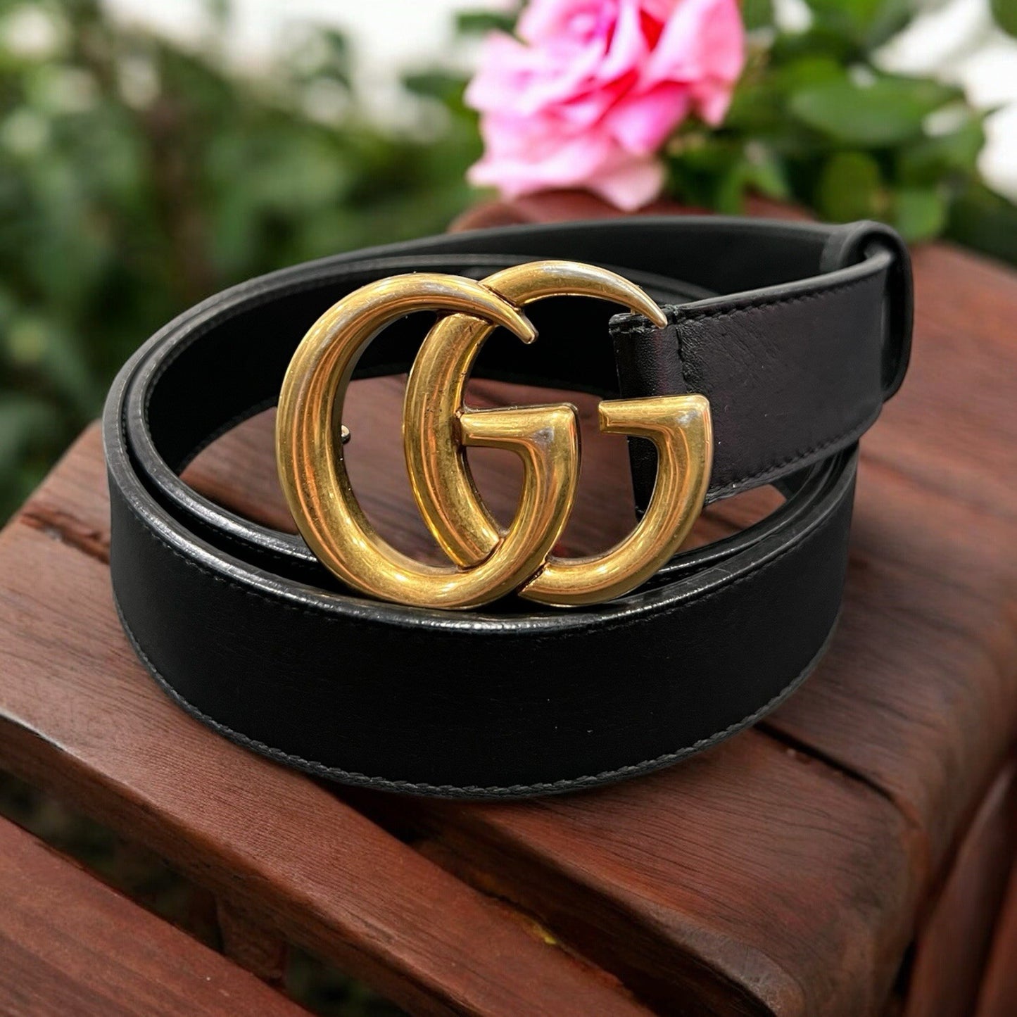 Gucci Marmont Antiqued Buckle Black Leather Belt Sizwe 95/38"