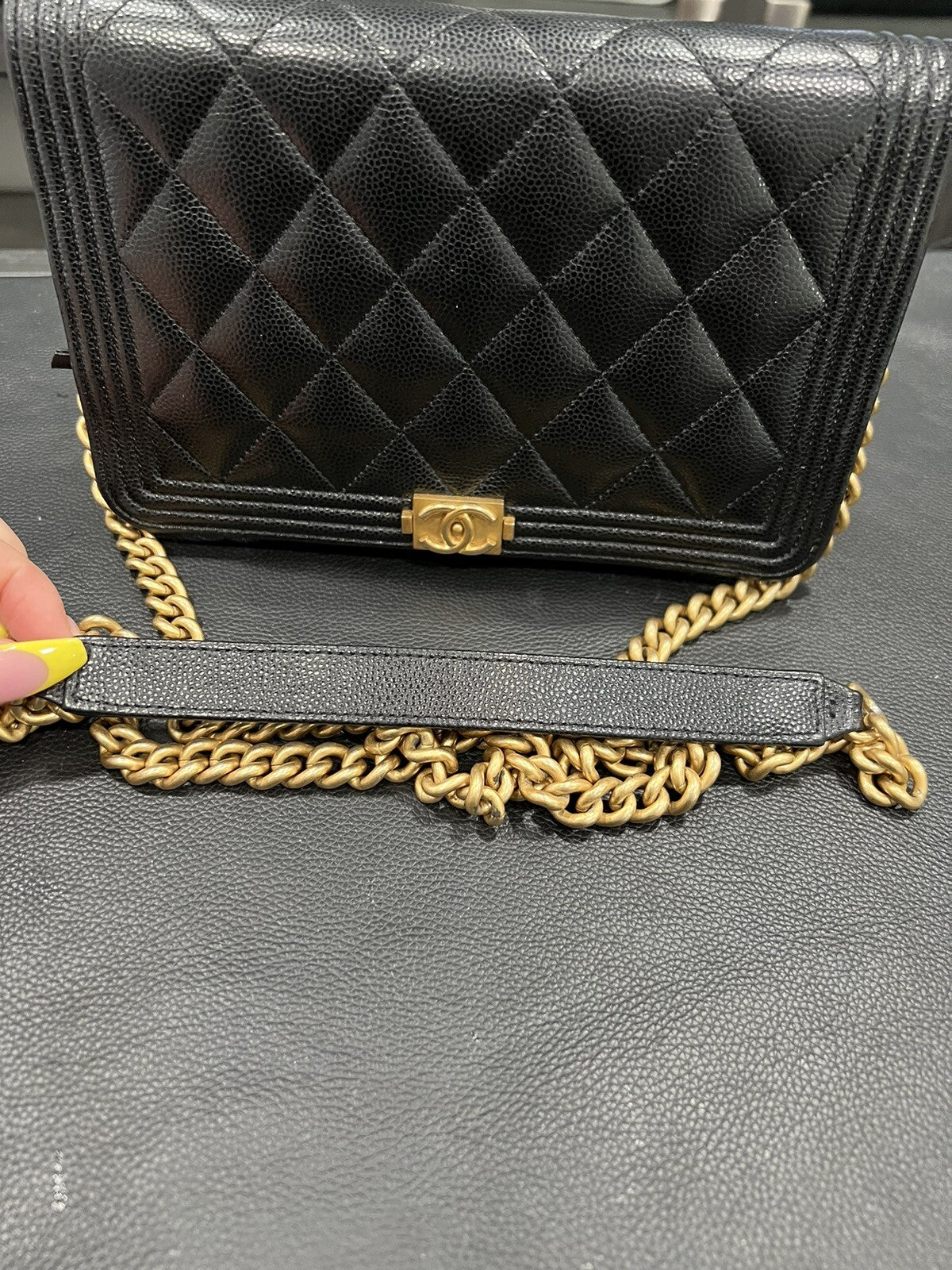 Chanel Caviar Black/Gold Boy Wallet On Chain W/Duster